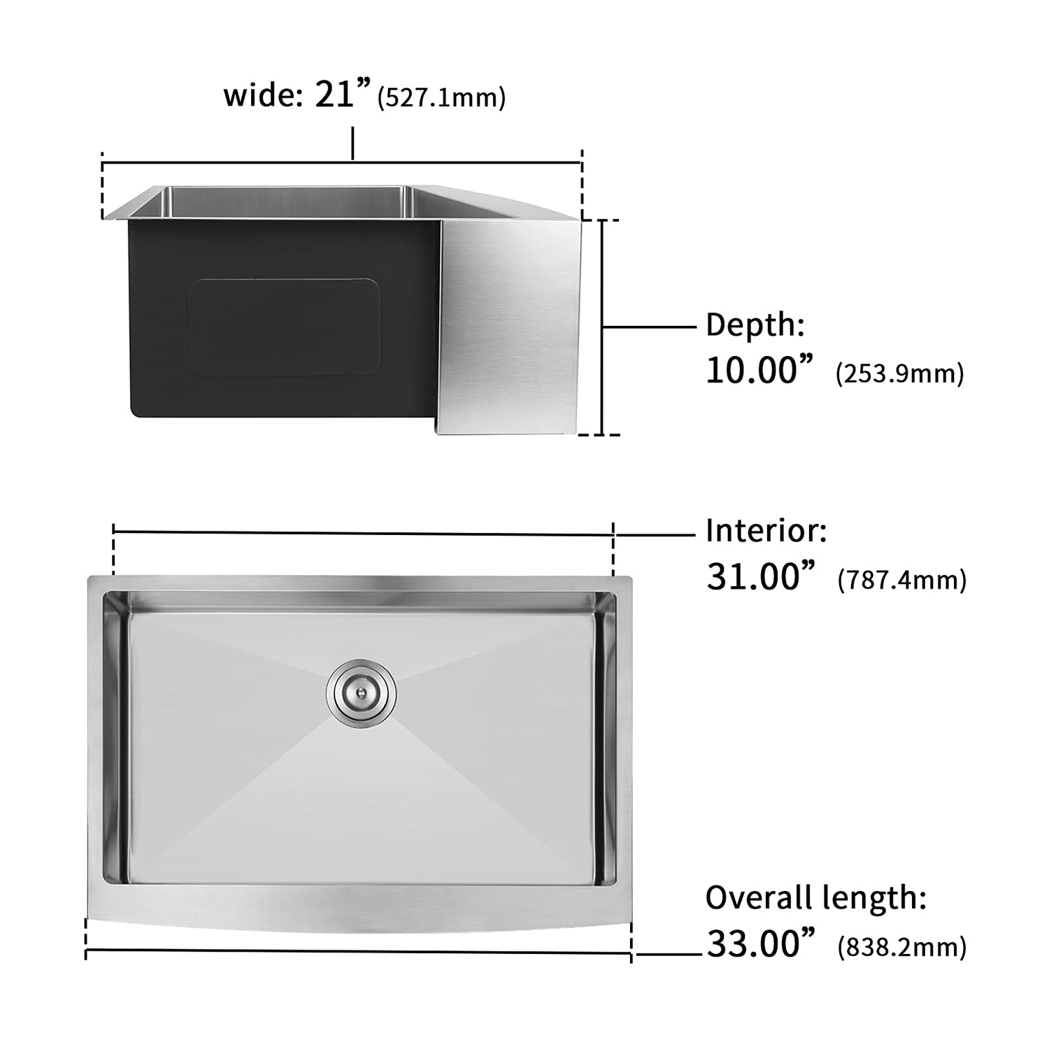 Fregadero de cocina de un solo tazón Aquacubic, fregadero de cocina con delantal estilo granja de acero inoxidable T304 de 33 pulgadas