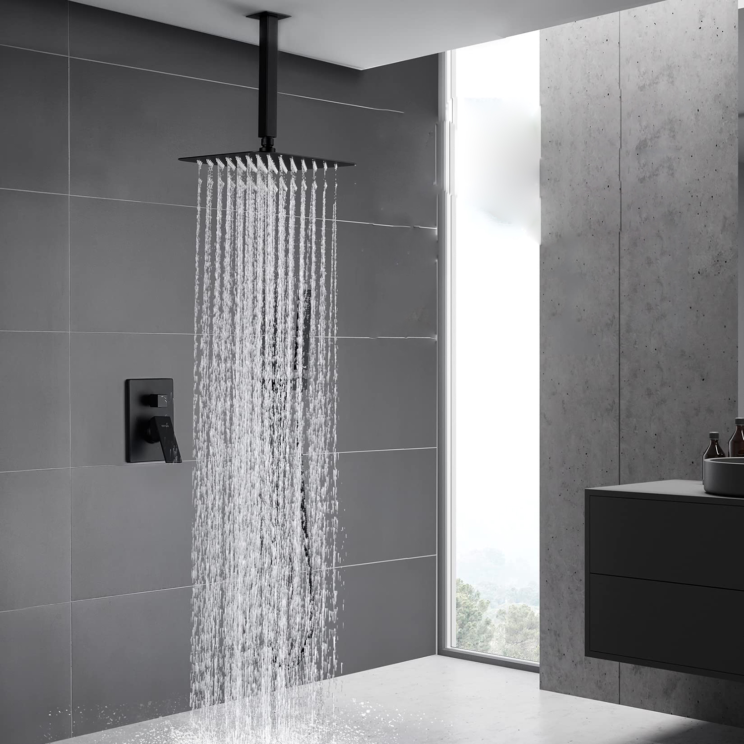Cuarto de baño Sistema de ducha de lluvia con montaje en techo negro mate cuadrado de 12 pulgadas con ducha de mano