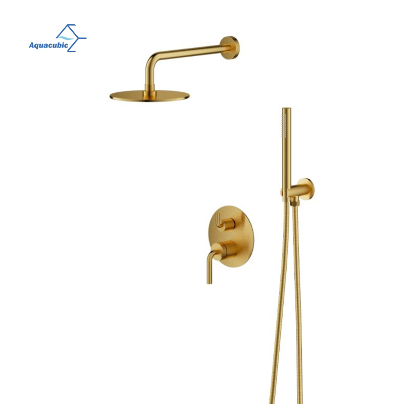 Grifos de baño mezcladores de lavabo de tres agujeros de latón con doble manija acabado en oro cepillado de estilo europeo