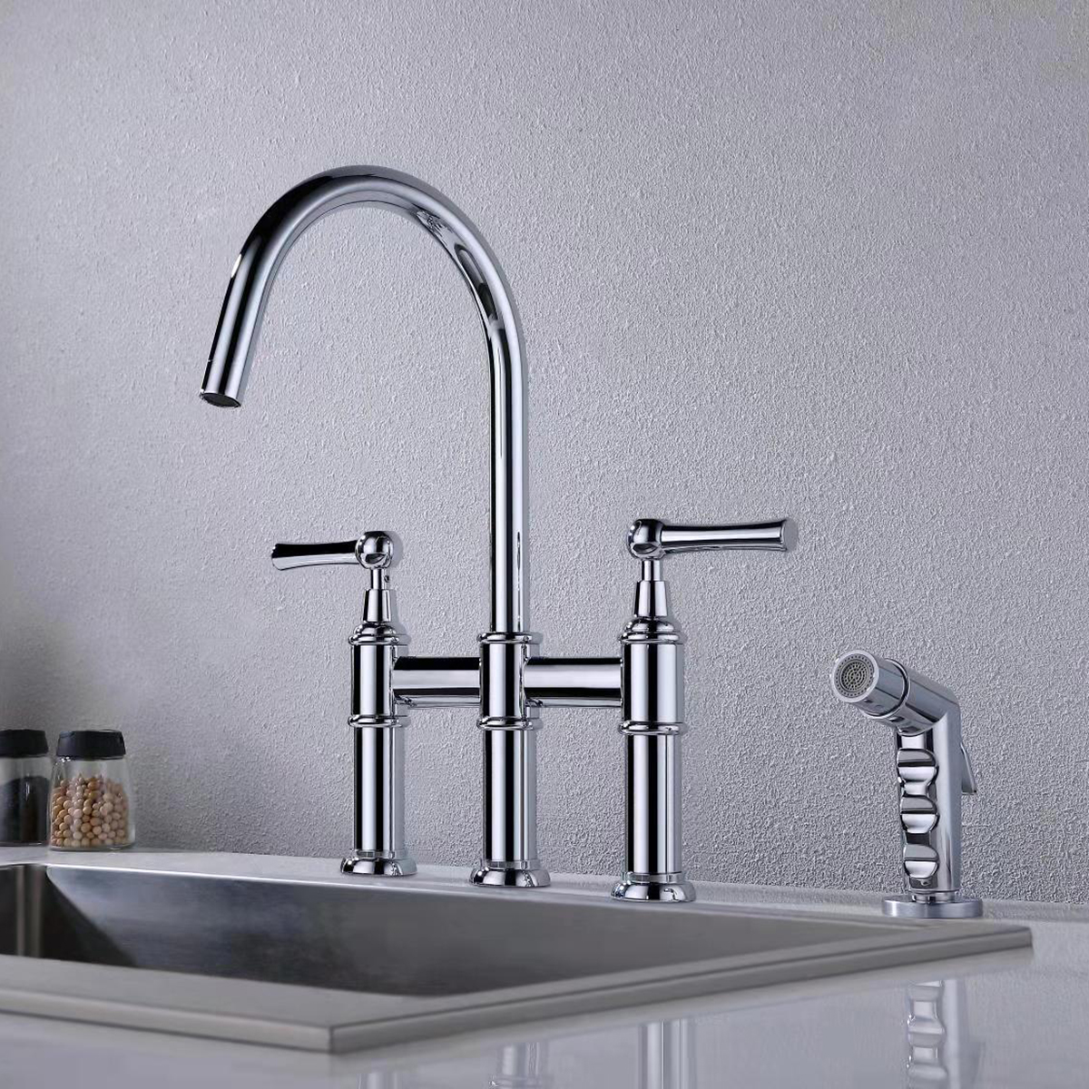 Proveedor de fábrica, grifo giratorio de latón para fregadero de cocina de 4 agujeros, grifo de cocina de puente