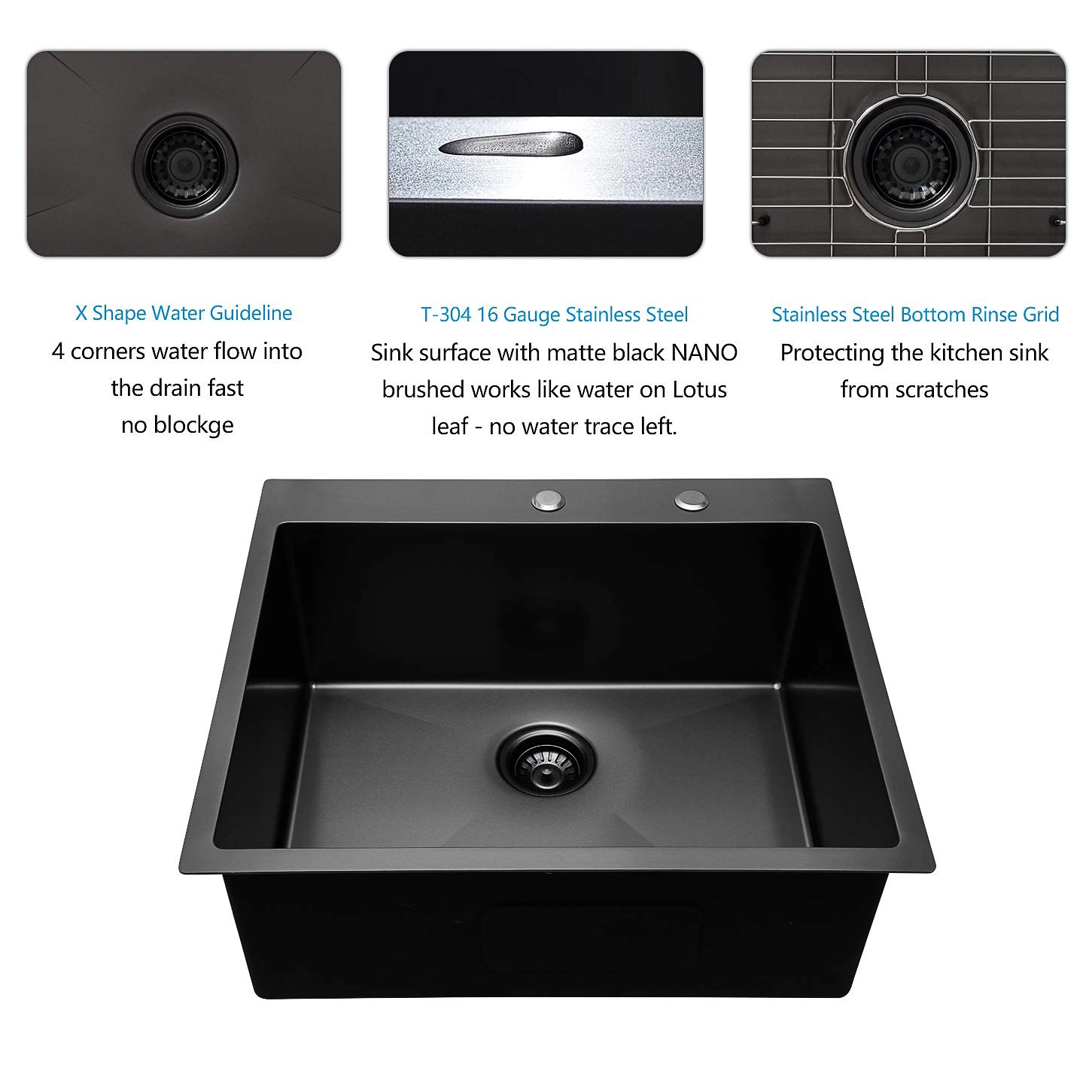 Aquacubic Fregadero de cocina negro con montaje superior de un solo tazón de acero inoxidable 304 de 25 pulgadas