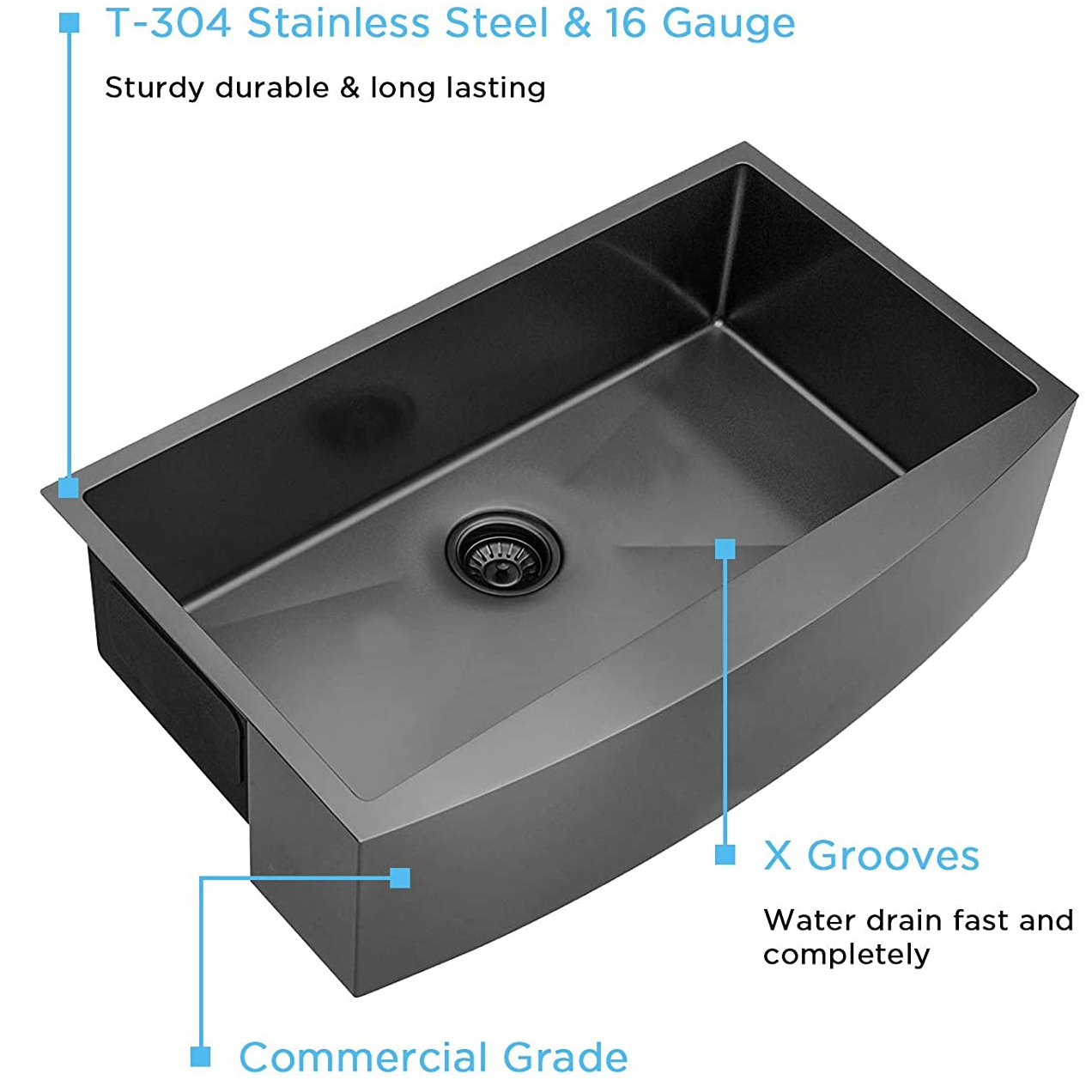 Fregadero de cocina de estilo rústico de acero inoxidable de un solo recipiente negro