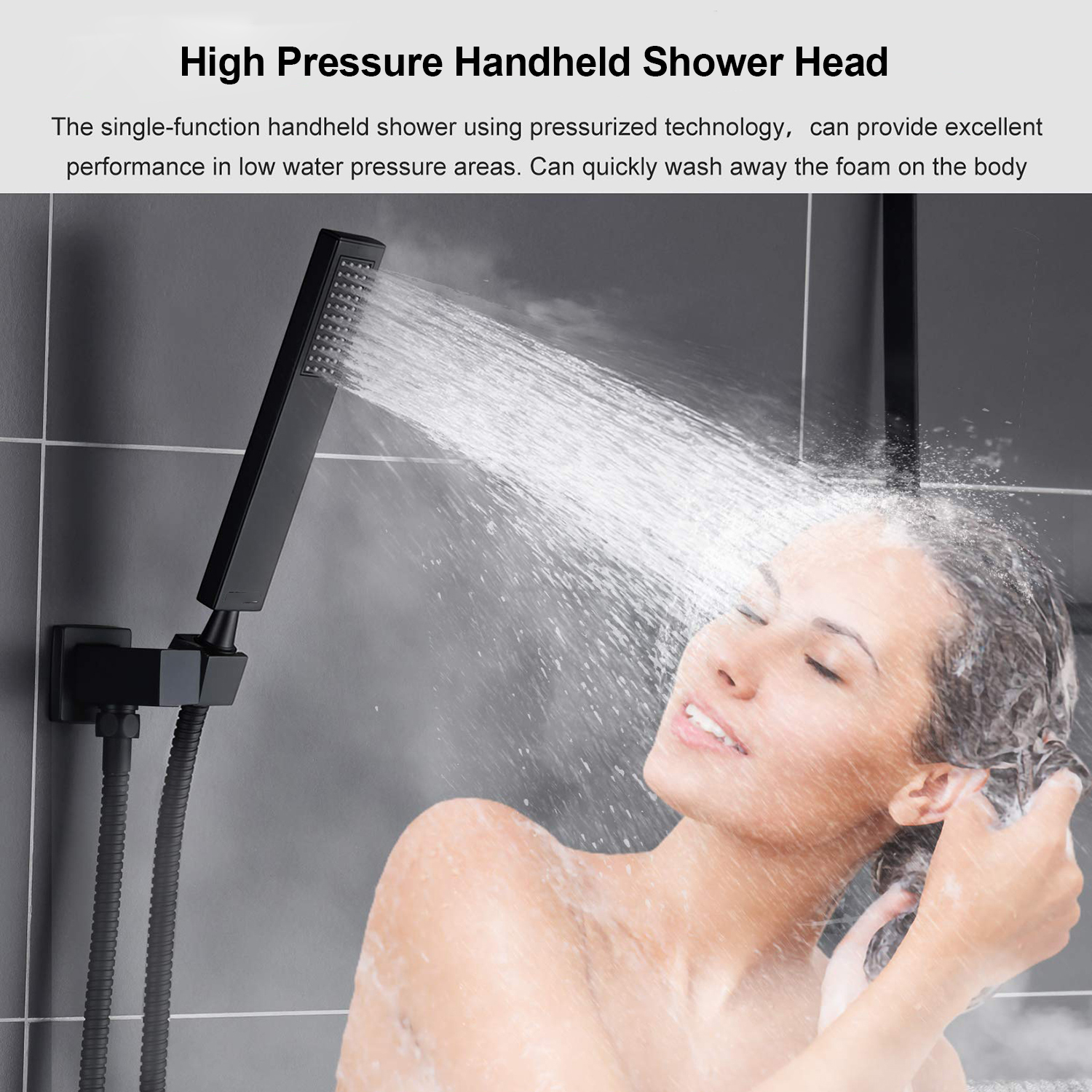 Cuarto de baño Sistema de ducha de lluvia con montaje en techo negro mate cuadrado de 12 pulgadas con ducha de mano