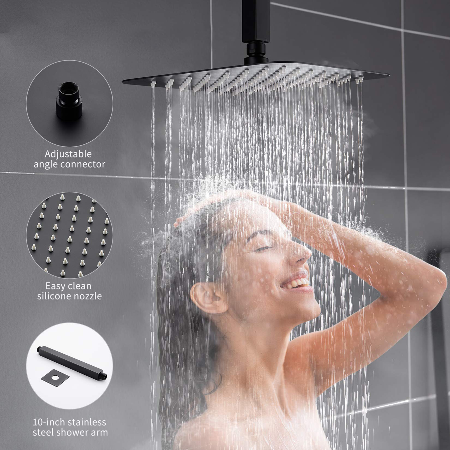 Cuarto de baño Sistema de ducha de lluvia con montaje en techo negro mate cuadrado de 12 pulgadas con ducha de mano