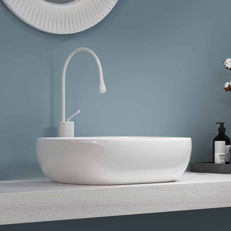 Aquacubic RV - Tocador de baño ovalado de porcelana artística sobre encimera, lavabo artístico de cerámica blanca