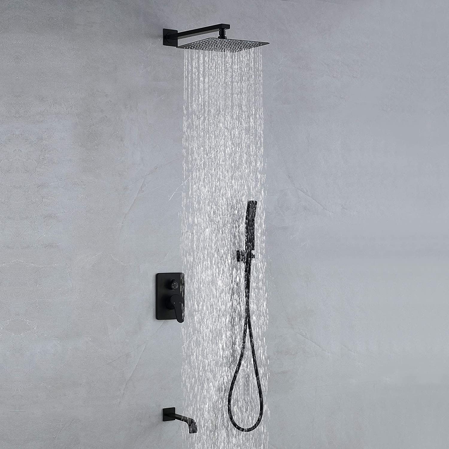 Aquacubic - Juego de grifo de ducha de baño con boquilla para bañera, color negro mate, cuadrado, 12.0 in