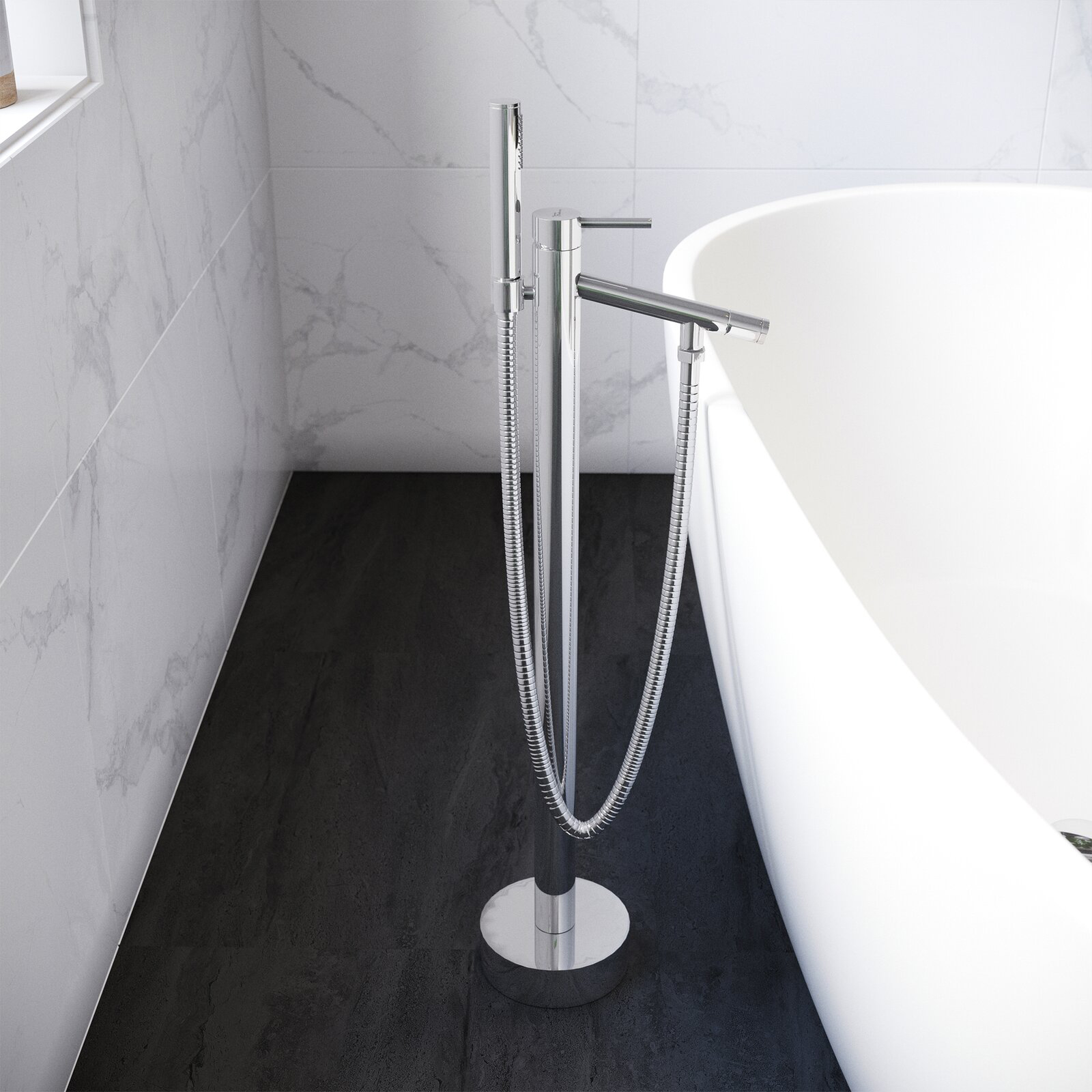 Aquacubic - Grifo de bañera independiente para baño de latón montado en el suelo con ducha de mano
