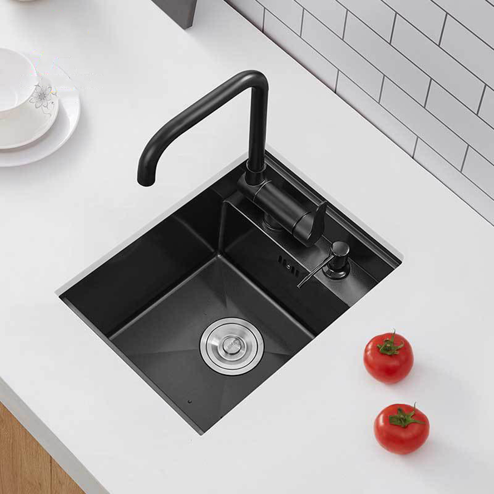 Fregadero de cocina oculto PVD negro, diseño moderno, barra única, fregadero de balcón de acero inoxidable de tamaño pequeño con grifo plegable