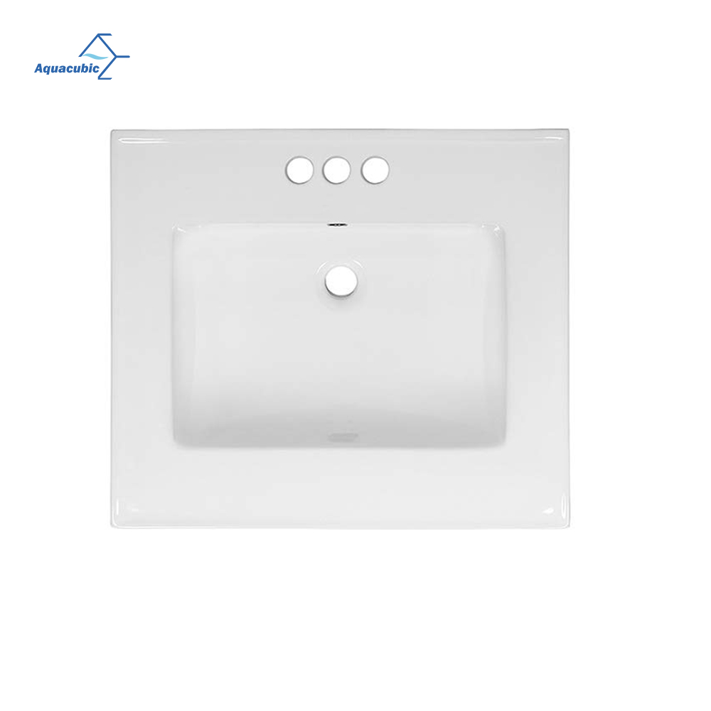 Lavabo de cerámica rectangular de 24 pulgadas con borde fino de alto estándar, lavabo para baño con tres orificios para grifo