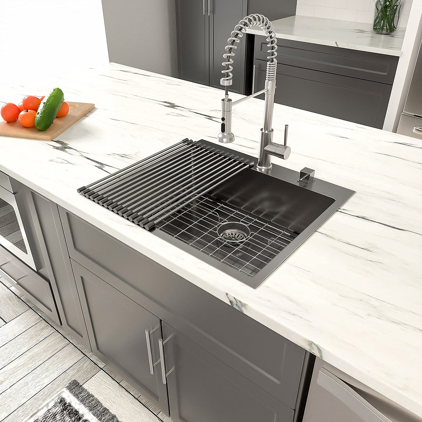 Aquacubic Fregadero de cocina negro con montaje superior de un solo tazón de acero inoxidable 304 de 25 pulgadas