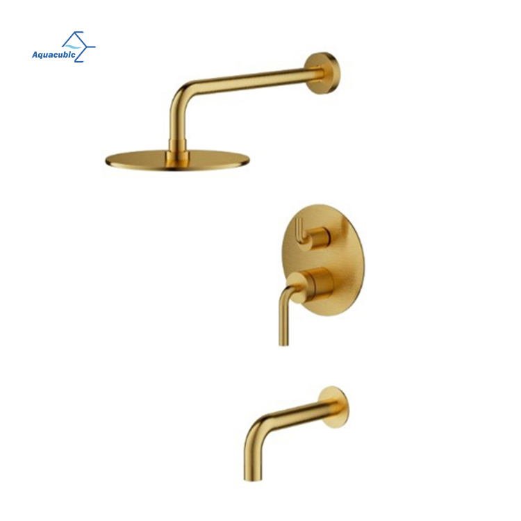 Grifos de baño mezcladores de lavabo de tres agujeros de latón con doble manija acabado en oro cepillado de estilo europeo