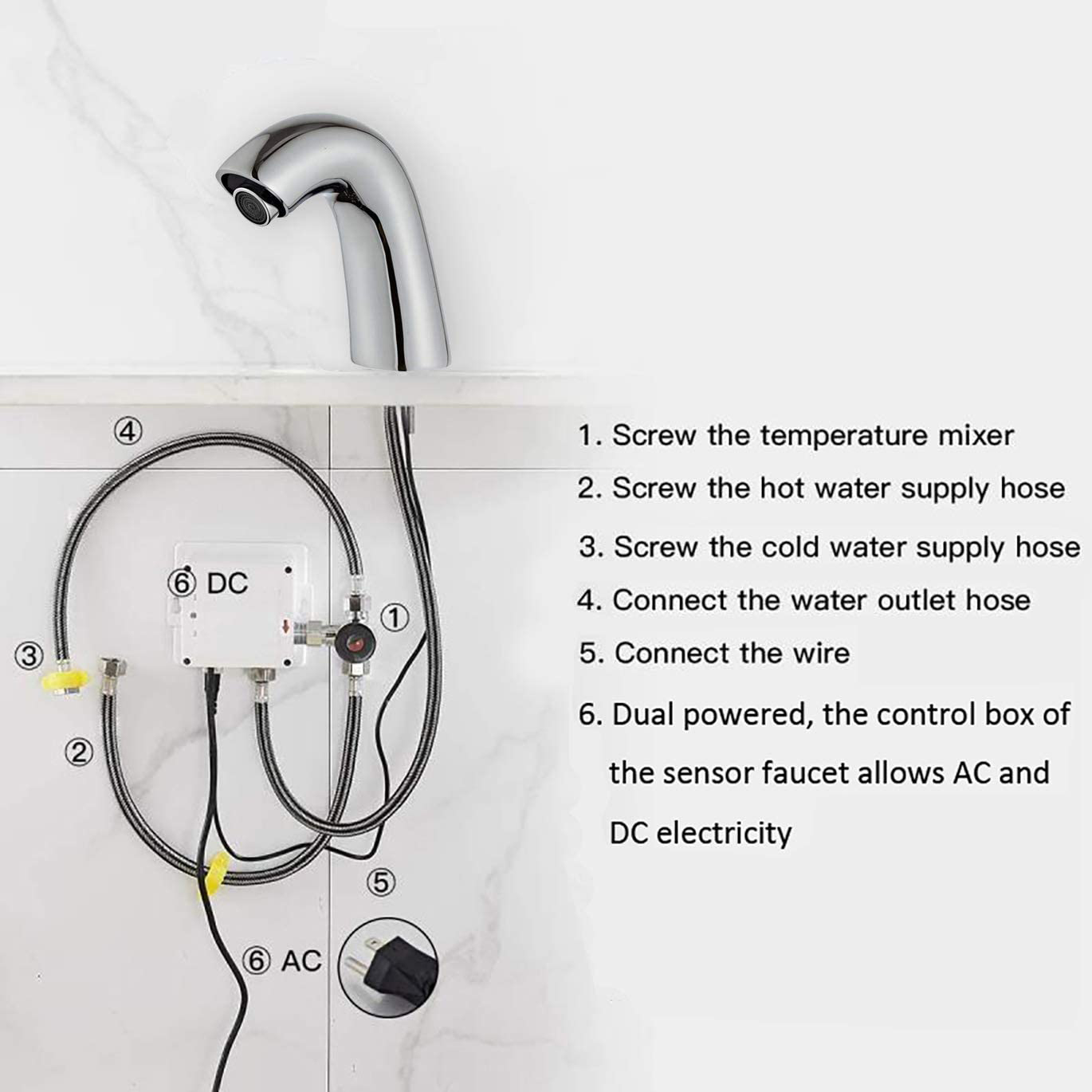 Grifo para lavabo de baño cromado sin contacto con sensor automático con caja de control y mezclador de temperatura
