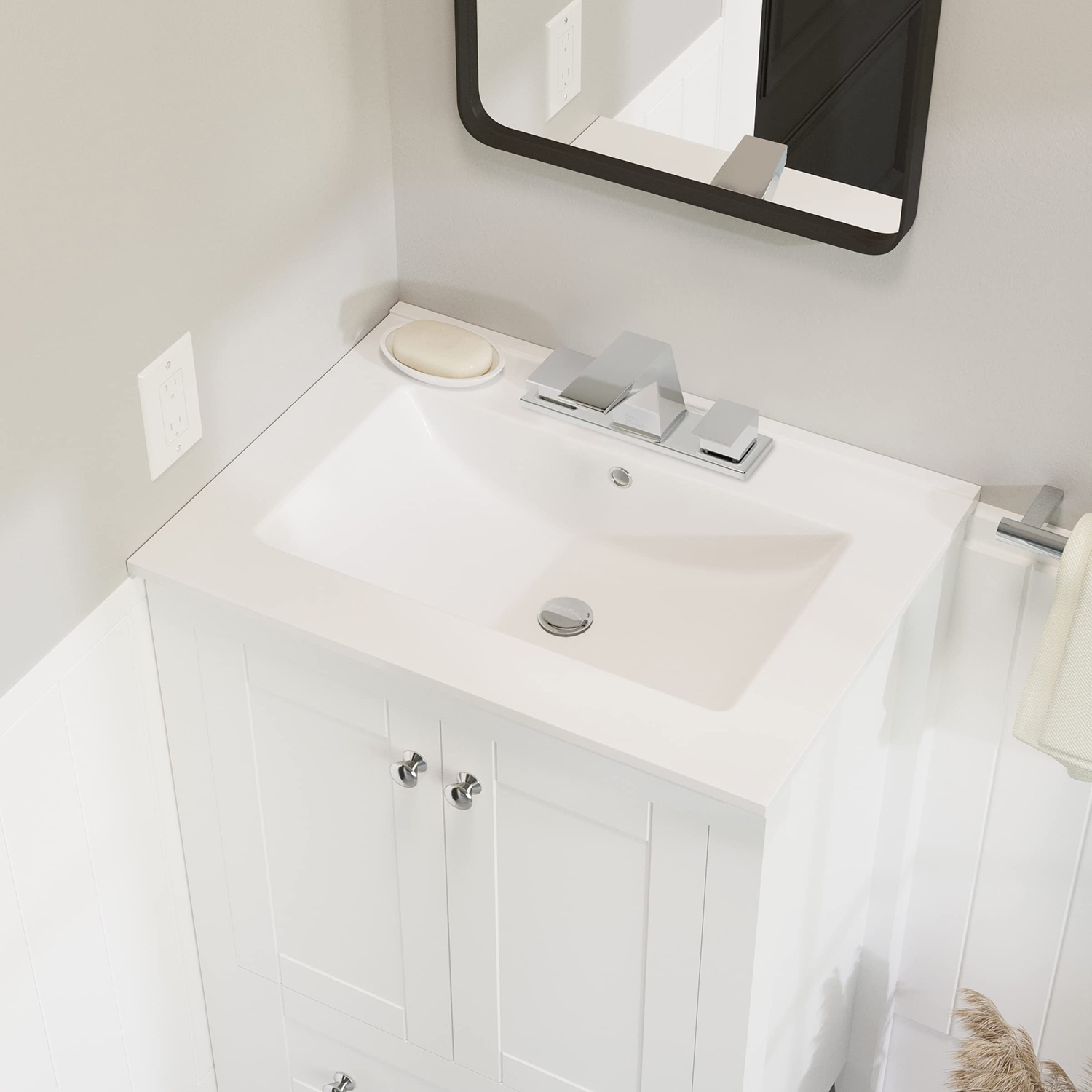 Lavabo de cerámica rectangular de 24 pulgadas con borde fino de alto estándar, lavabo para baño con tres orificios para grifo
