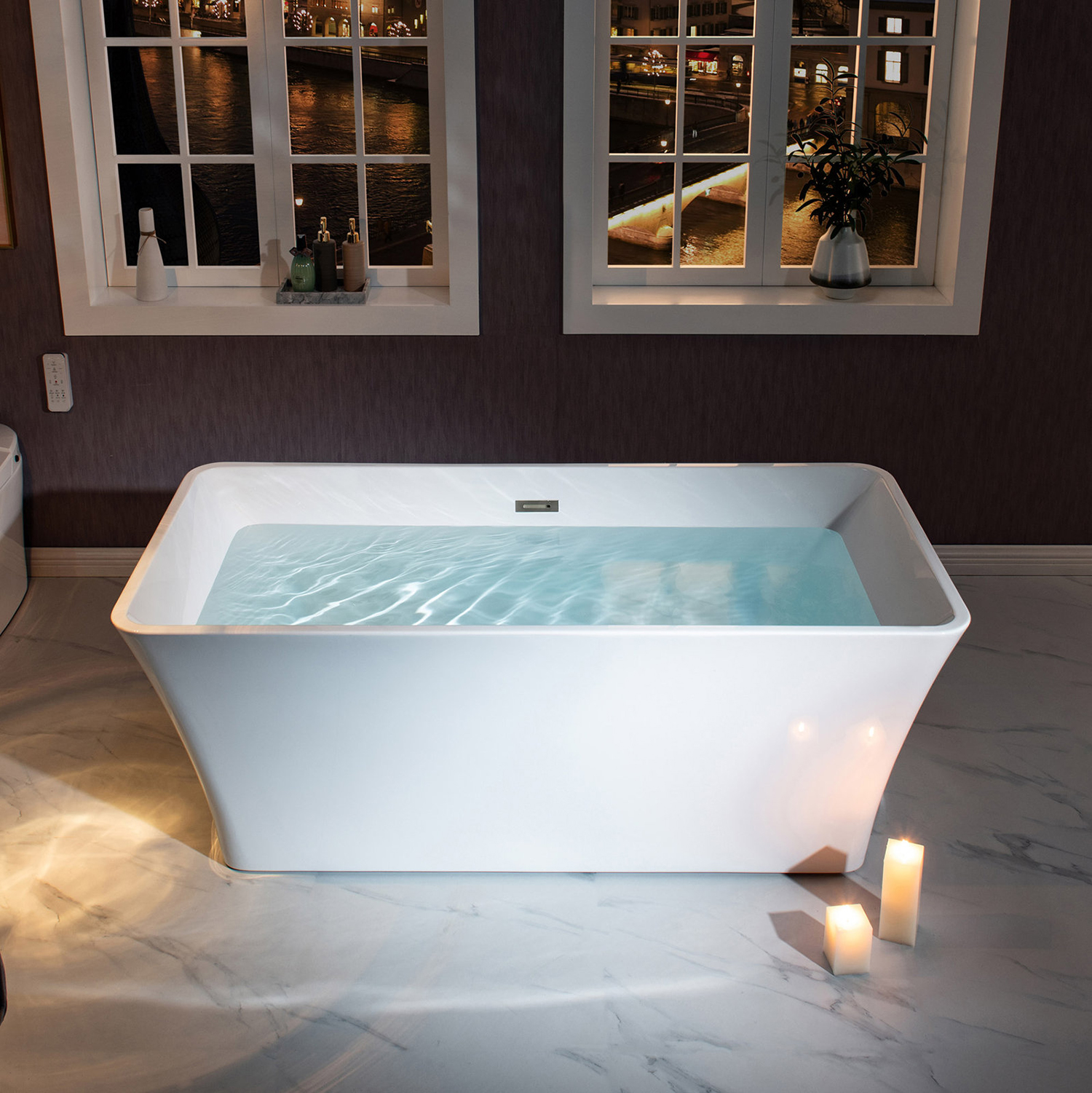 Bañera rectangular independiente de acrílico moderna, bañera de hidromasaje independiente de fibra de vidrio con fondo plano de 67 pulgadas