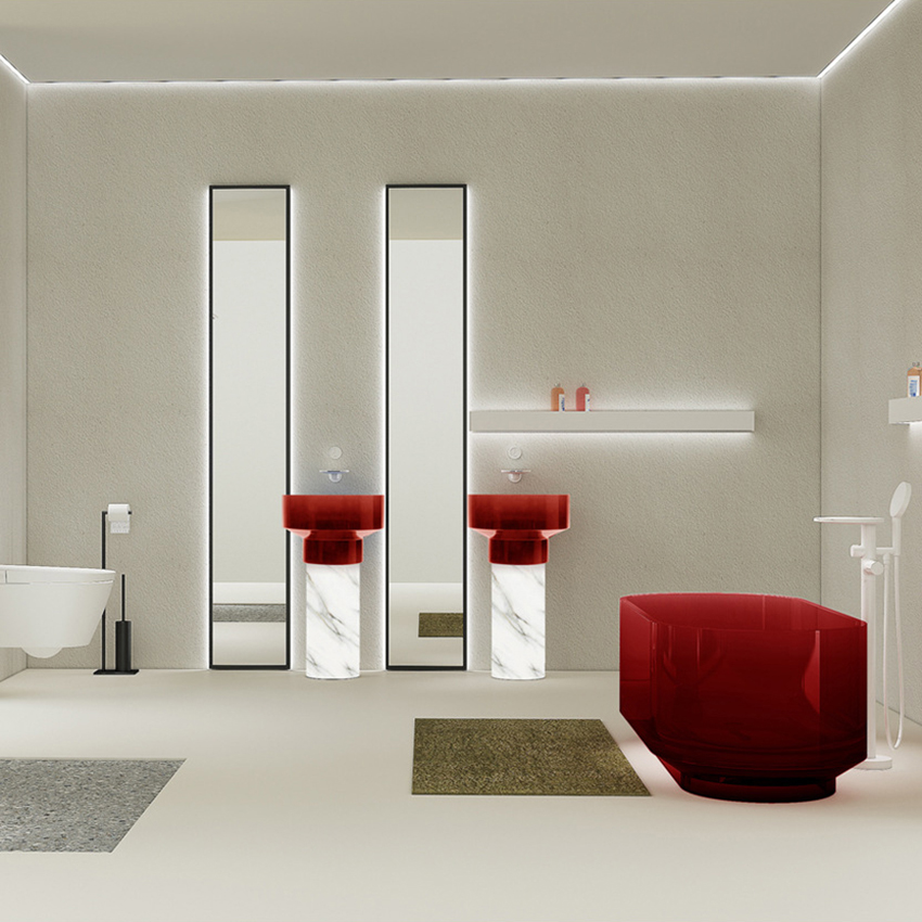 Lavabo de resina roja Lavabos de baño de superficie sólida Lavabo de baño con patrón de mármol