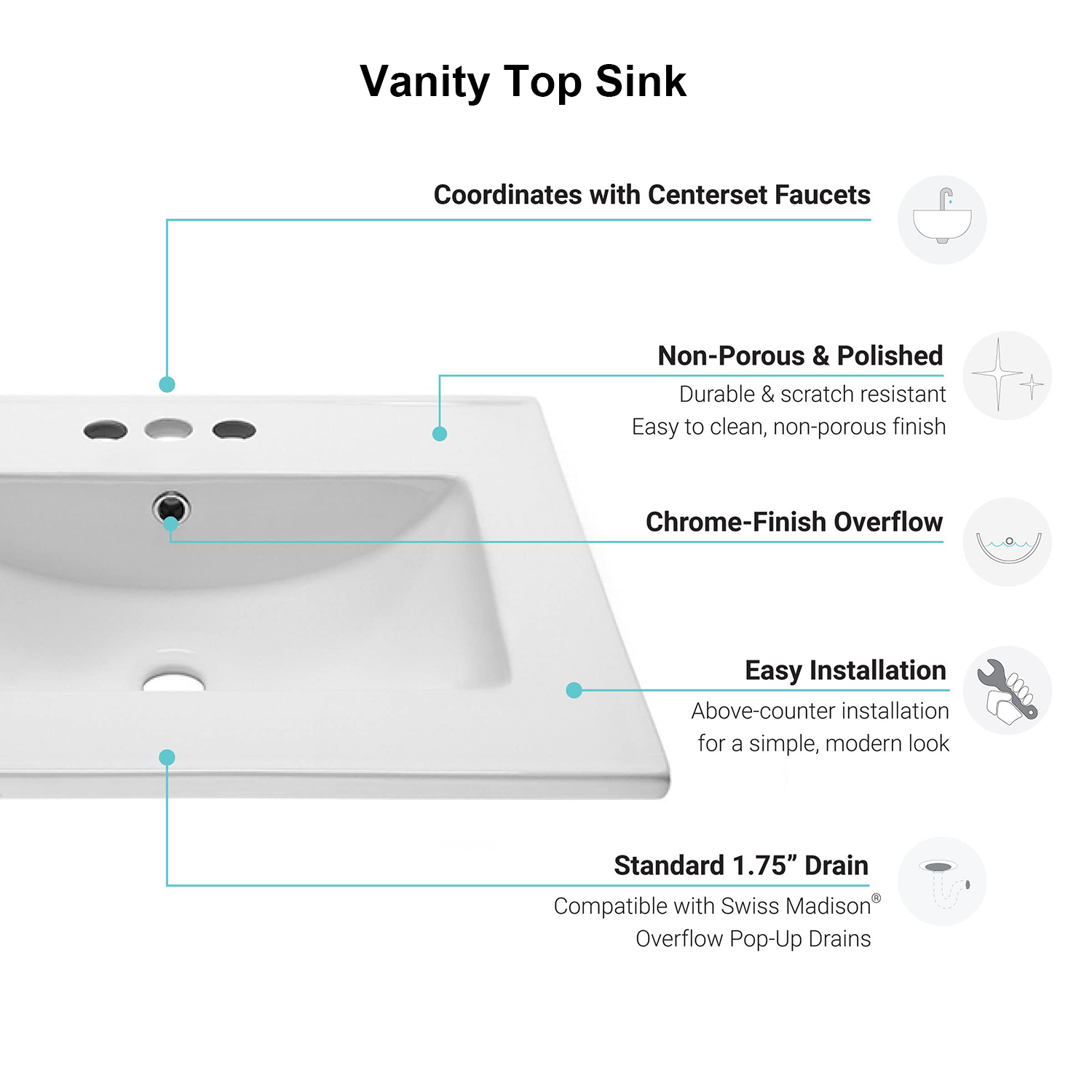 Lavabo de cerámica rectangular de 24 pulgadas con borde fino de alto estándar, lavabo para baño con tres orificios para grifo