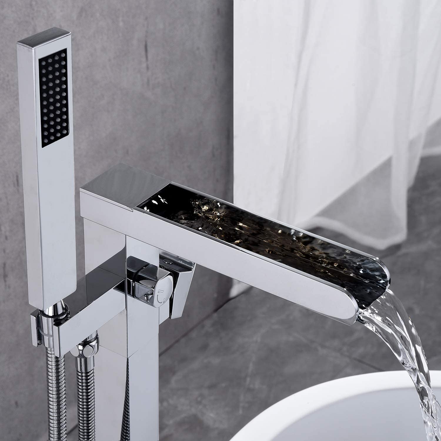Grifo de bañera independiente Aquacubic, grifo de bañera en cascada, grifos de baño de latón con montaje en suelo con ducha de mano