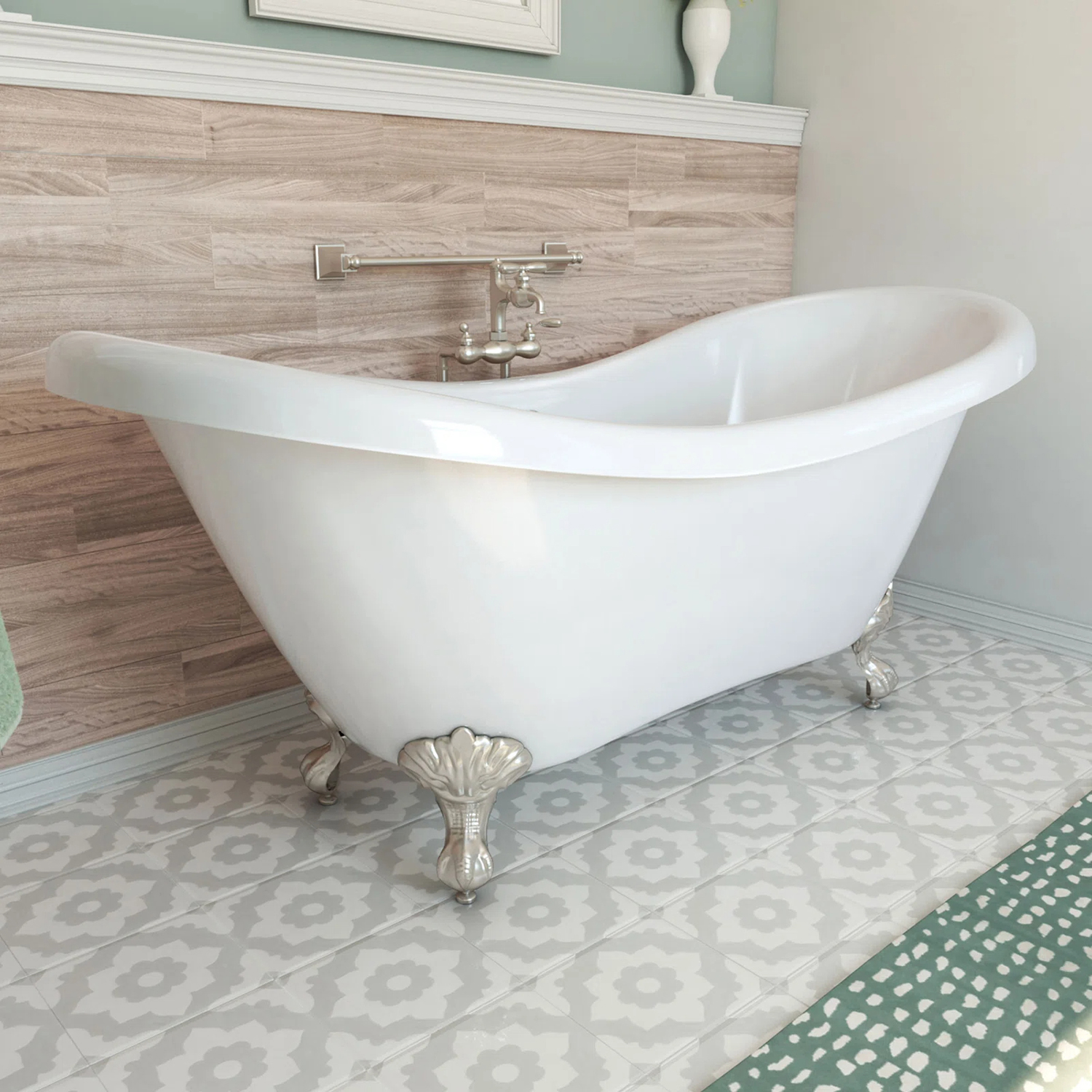 Bañera acrílica blanca, bañera independiente moderna con pie de apoyo plateado, bañeras cómodas