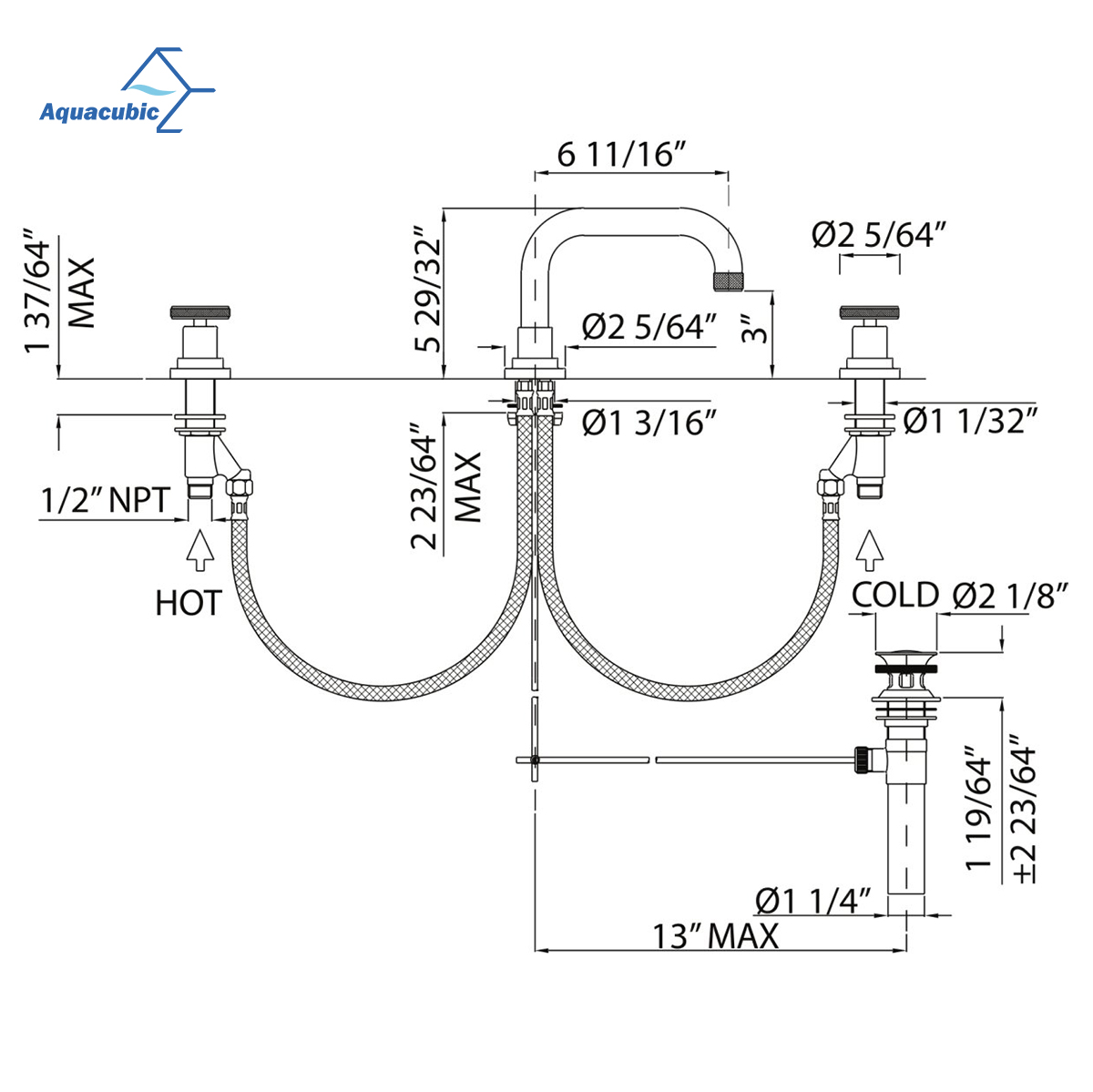 Grifo de baño industrial montado en cubierta de lujo Aquacubic para juego de 3 orificios de 8 pulgadas de ancho