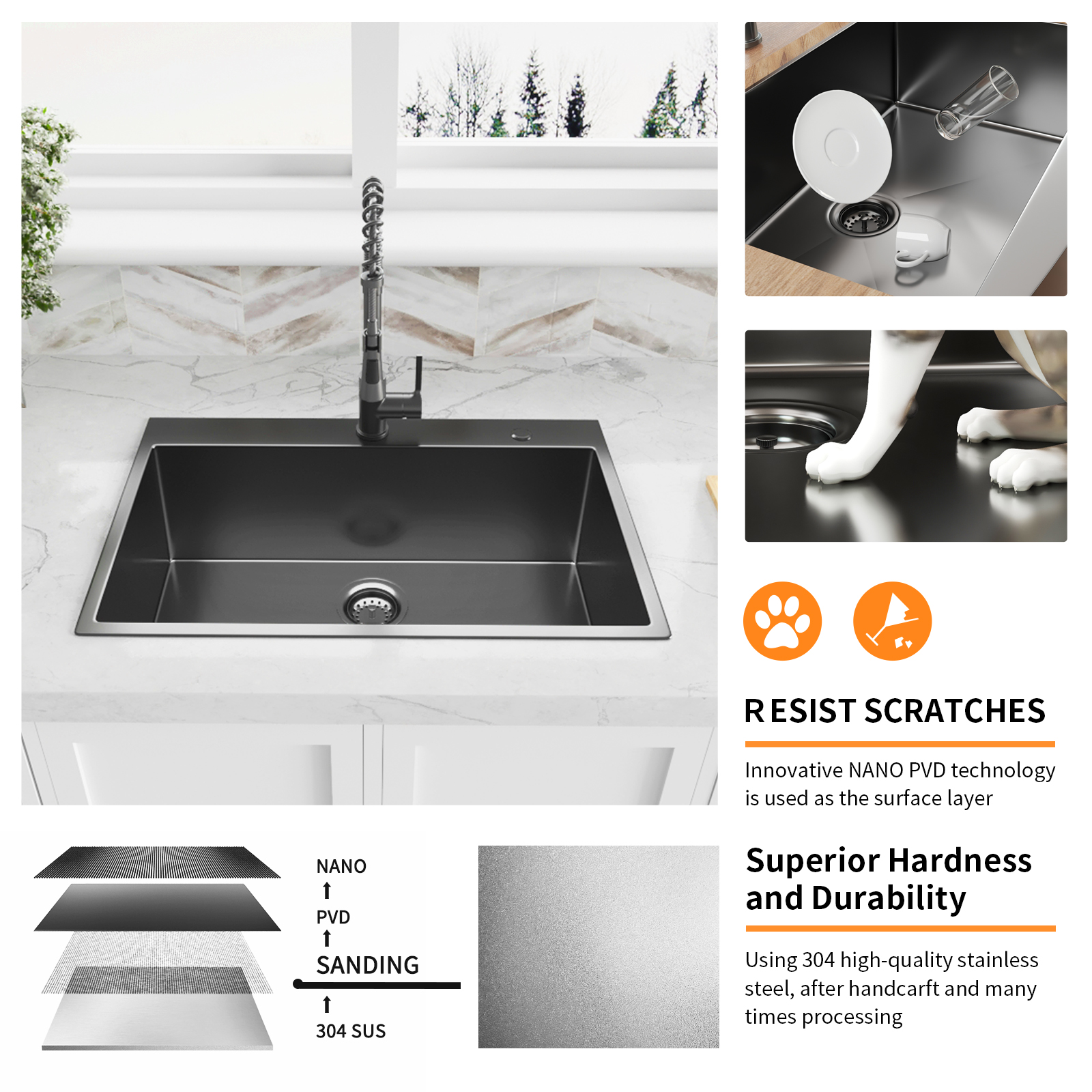 Fregadero de cocina de 27 '× 22 ' Fregadero de cocina de acero inoxidable negro mate con montaje superior, lavabo individual con juego de colador de drenaje de rejilla inferior