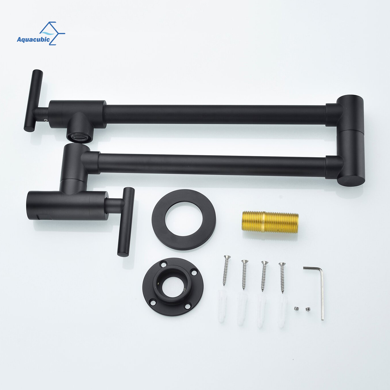 Grifo de llenado de ollas moderno Negro, Grifo de estufa de cocina de montaje en pared, Grifo de fregadero comercial de latón, Brazo plegable giratorio, Orificio único de doble junta estirable con dos manijas