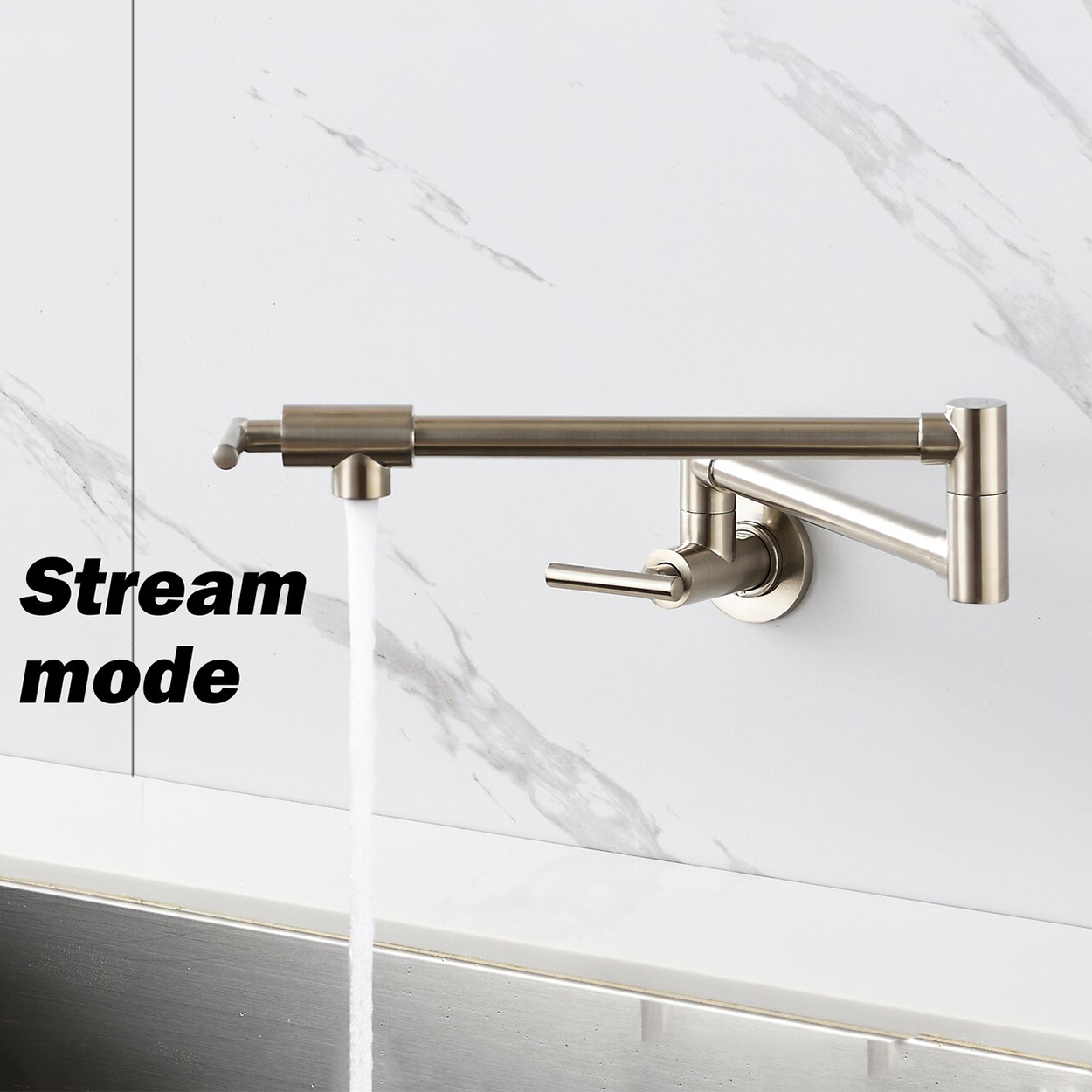 Grifo de llenado de ollas de montaje en pared Grifo de llenado de ollas de latón Grifo plegable de oro cepillado Grifos de cocina con brazo oscilante Grifo de dos manijas estirable comercial sin plomo de un solo orificio