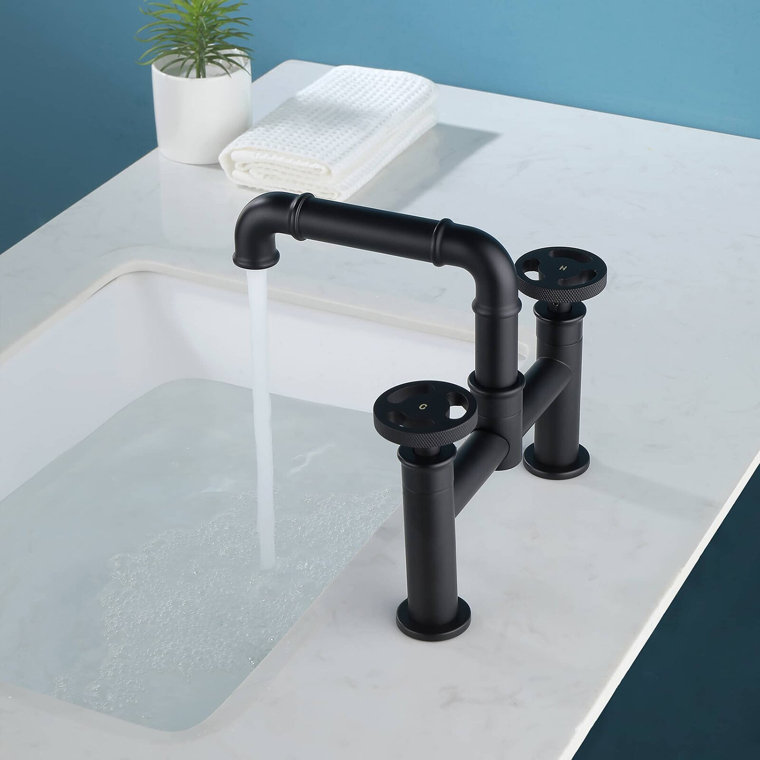 Grifo para fregadero de baño, tubo industrial, color negro mate, 2 asas, puente de latón macizo, grifo para fregadero de cocina y baño