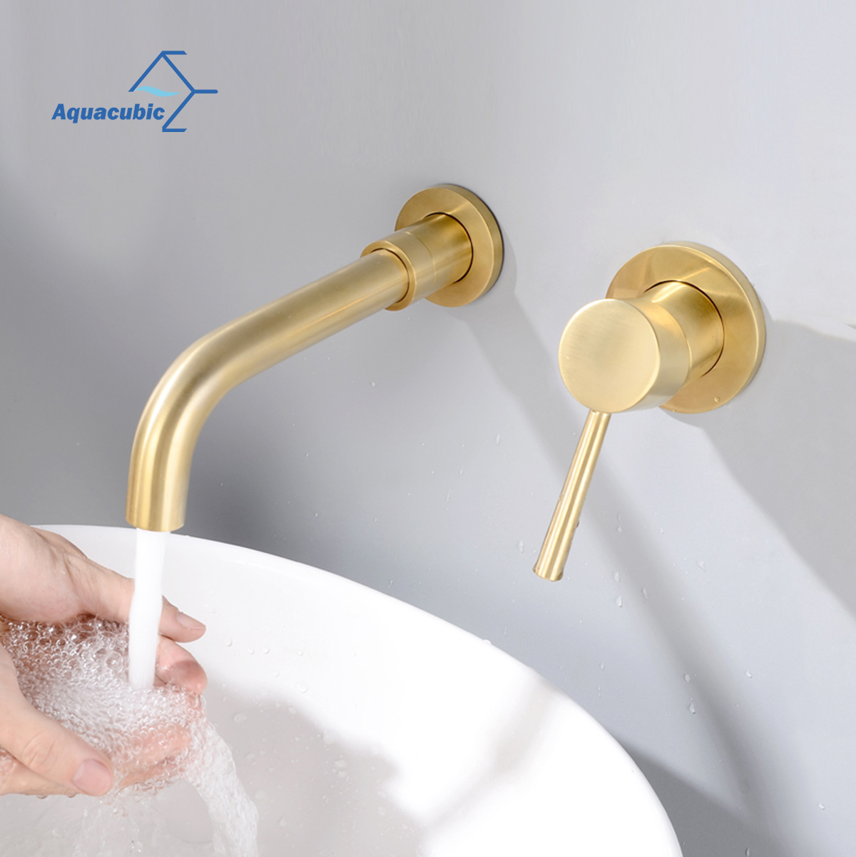 Grifo de lavabo de baño montado en la pared de oro cepillado de una sola manija de latón macizo