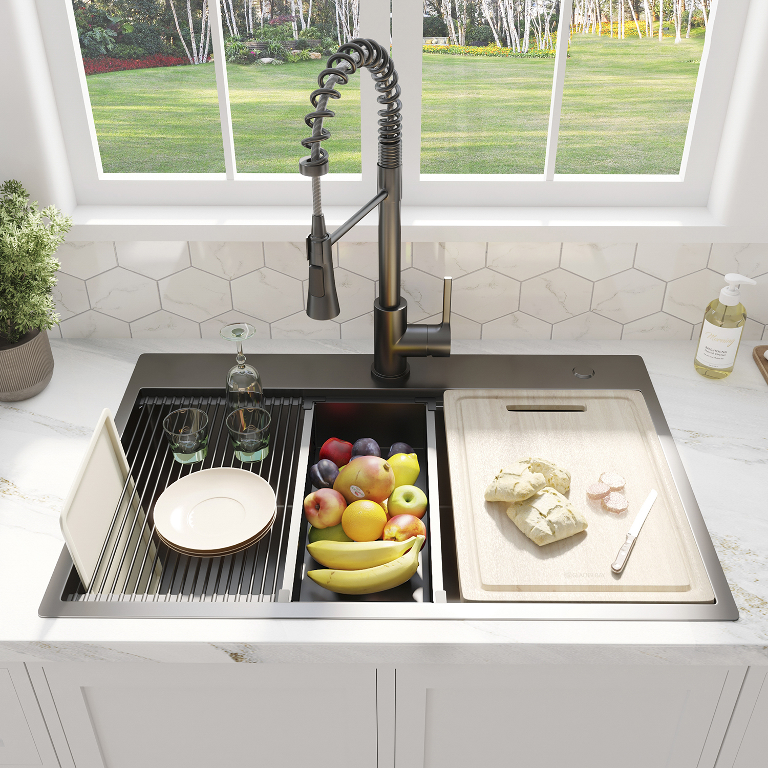 Aquacubic fregadero de cocina de montaje superior de doble cuenco de acero inoxidable 304 negro bronce de 33x22 pulgadas con repisa y accesorios