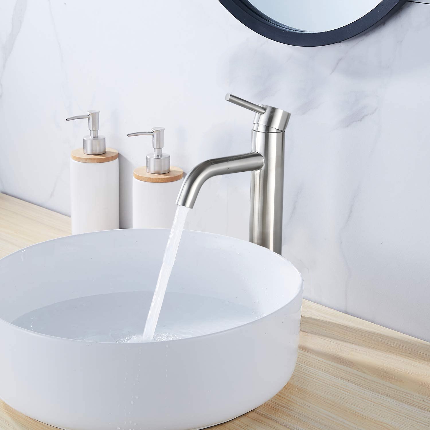 Grifo monomando alto Aquacubic de acero inoxidable para fregadero de recipiente, grifo mezclador para lavabo con drenaje emergente