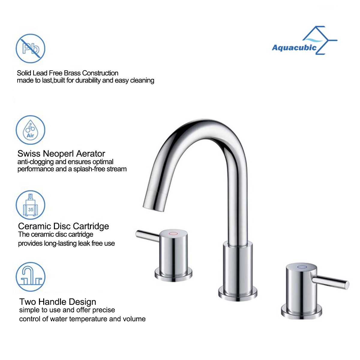 Grifo de baño cromado generalizado de 8 pulgadas, 2 manijas, sin plomo, Aquacubic cUPC con conjunto de drenaje