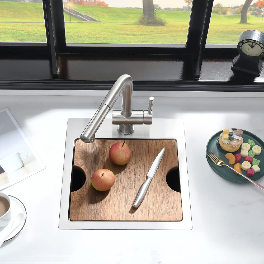 Fregadero de barra de cocina de acero inoxidable, calibre 16, 15 pulgadas, personalizado, hecho a mano, para preparación al aire libre, con rejilla para platos y drenaje