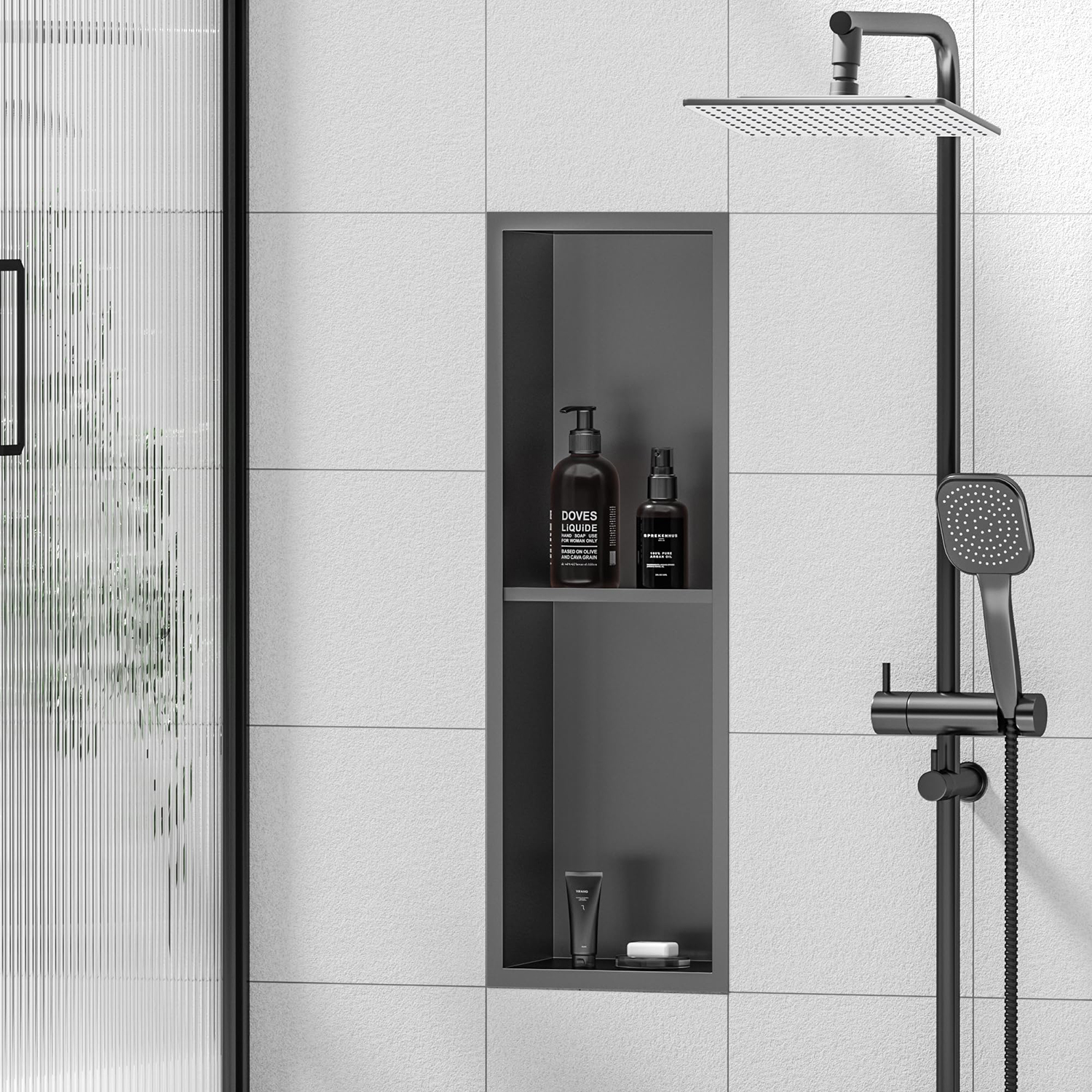 Fabricante profesional Estante de metal moderno de 2 celdas colgado en la pared gris bronce con nicho integrado de acero inoxidable
