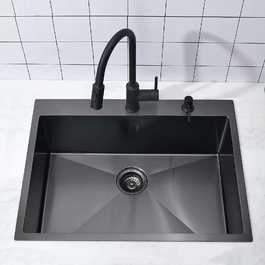 Aquacubic Fregadero de cocina negro mate con montaje superior de acero inoxidable de un solo tazón de 30 ' × 22 '