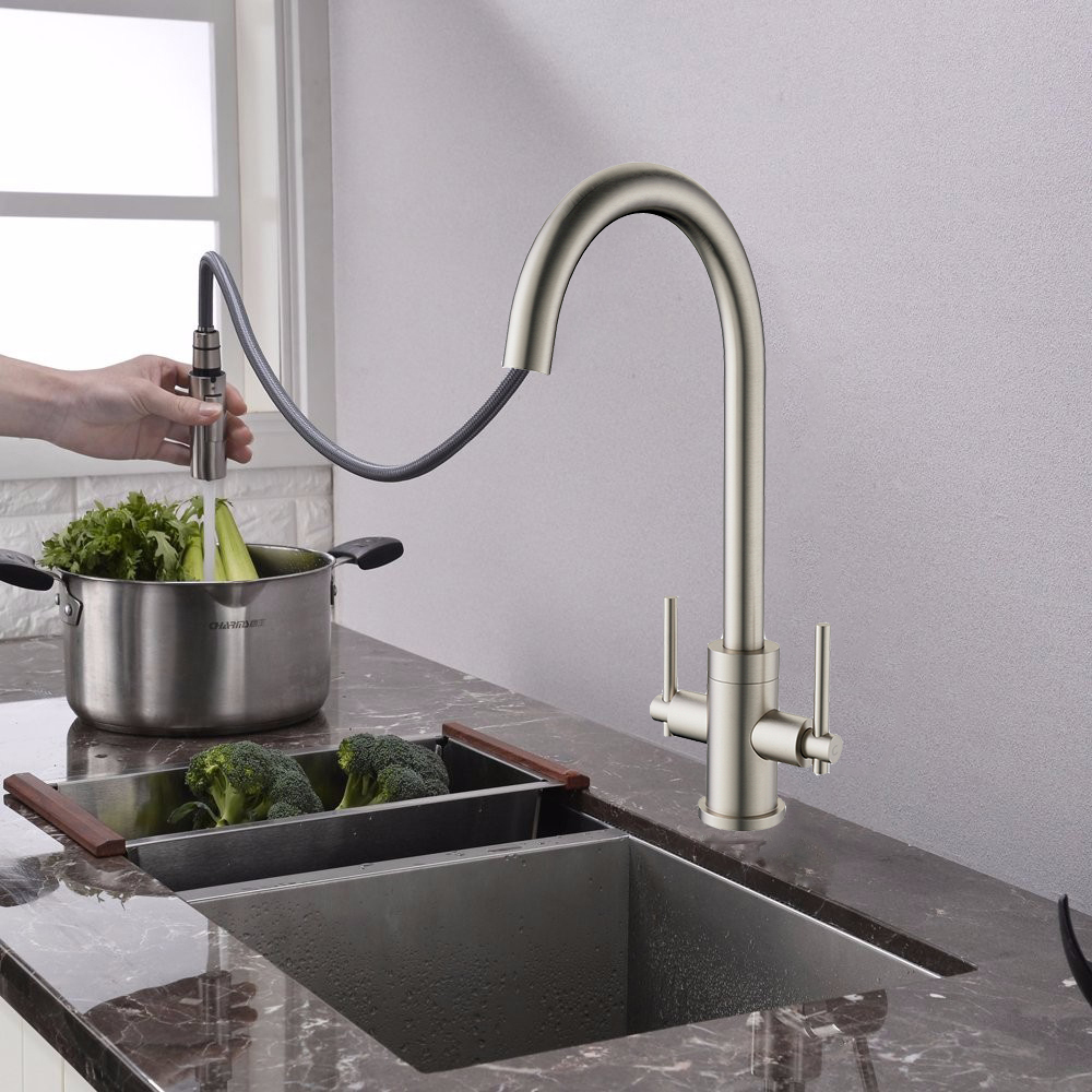 Grifo de agua Aquacubic, grifo medidor de agua fría y caliente de latón para cocina, grifo extraíble de níquel cepillado con doble manija