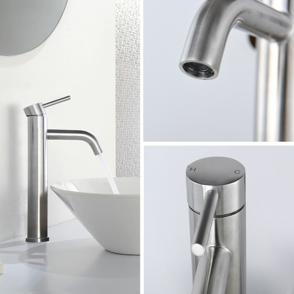 Grifo monomando alto Aquacubic de acero inoxidable para fregadero de recipiente, grifo mezclador para lavabo con drenaje emergente