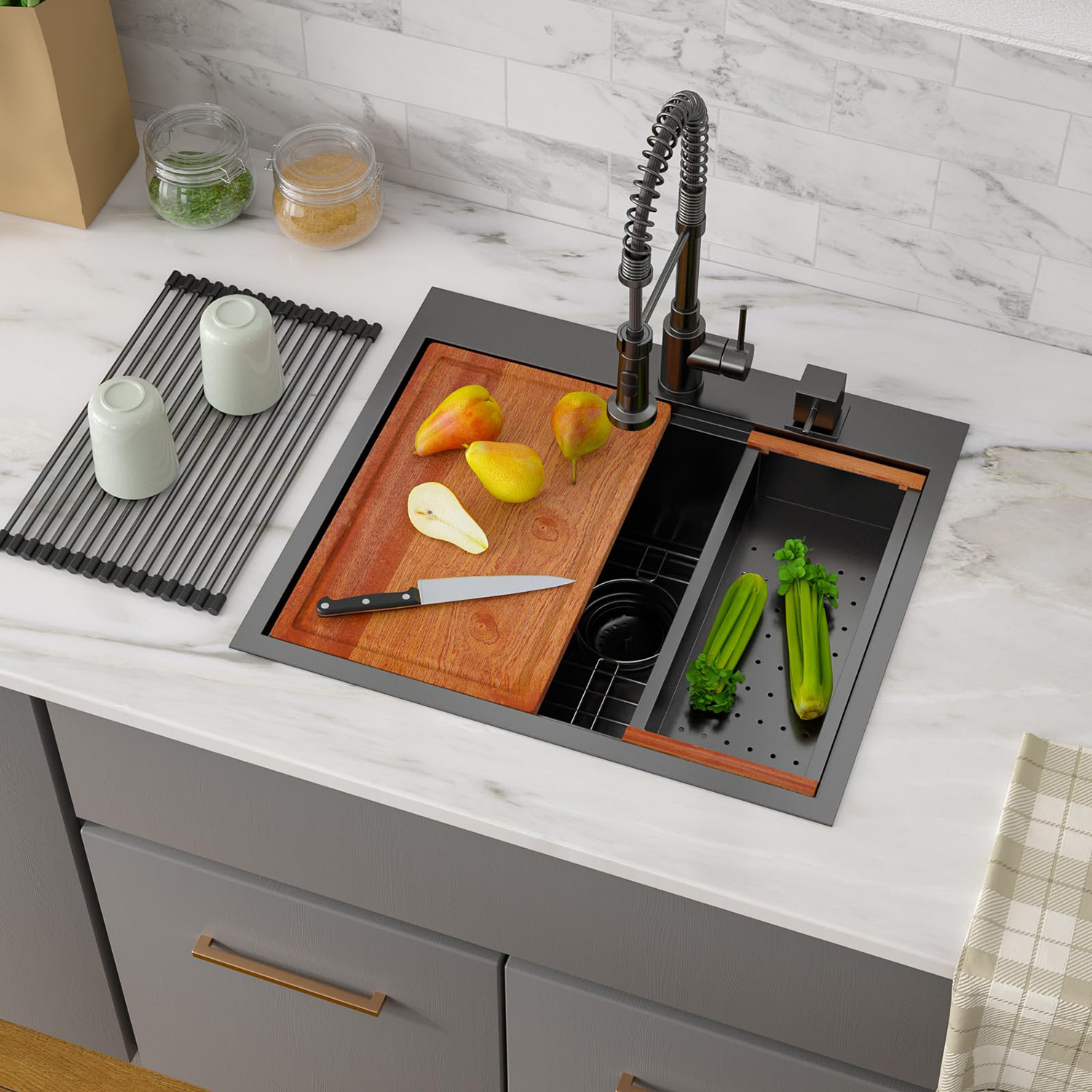 Fregadero de estación de trabajo de cocina de acero inoxidable negro de 25x22, fregadero de cocina profundo de un solo tazón de calibre 16 con tabla de cortar