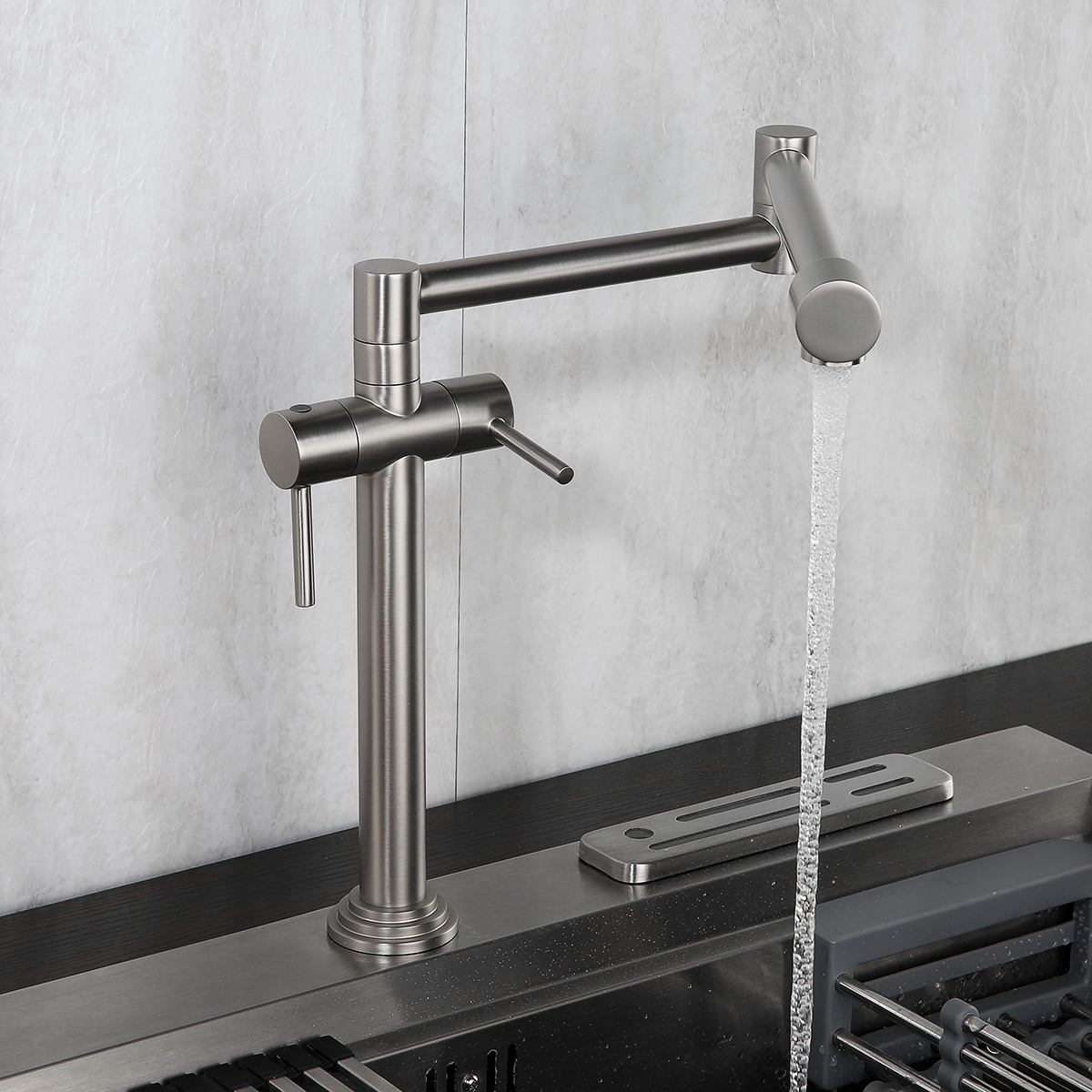 Grifo de llenado de ollas de montaje en cubierta de níquel cepillado Agua caliente y fría Manija doble Encimera Juntas dobles Grifo de fregadero de cocina comercial retráctil giratorio de 360 ​​​​° Acero inoxidable