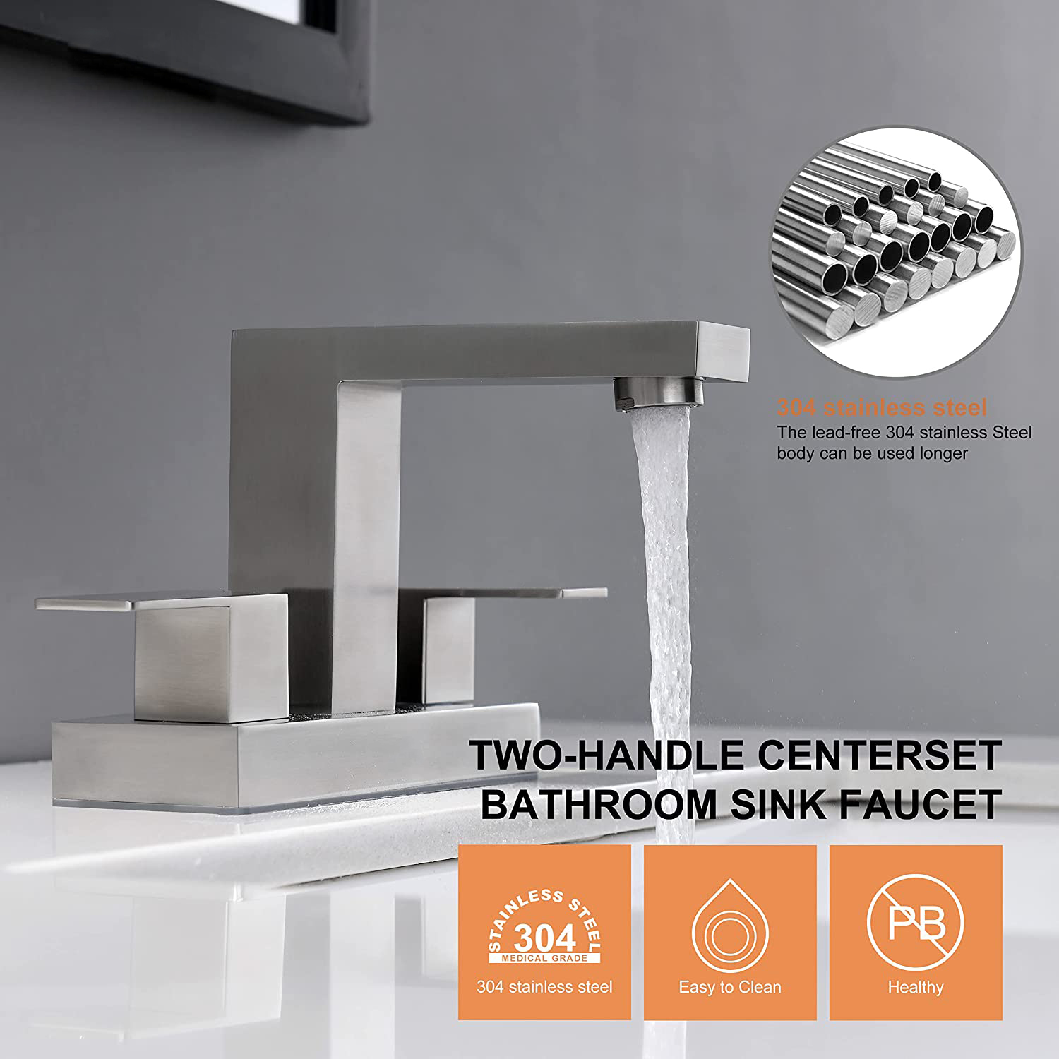 Grifo de baño SUS304 de juego central de dos manijas con superficie de níquel cepillado para el hogar con conjunto de drenaje