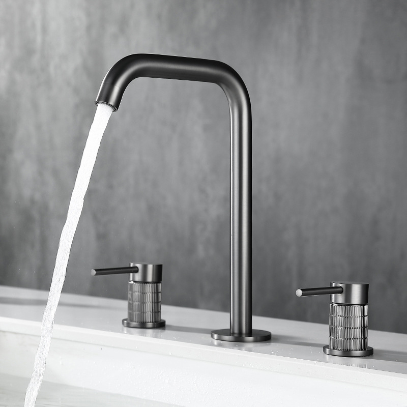 Grifo mezclador de lavabo de latón con 3 orificios y acabado en grafito de fábrica, grifo de baño de latón Torneira Banheiro montado en cubierta