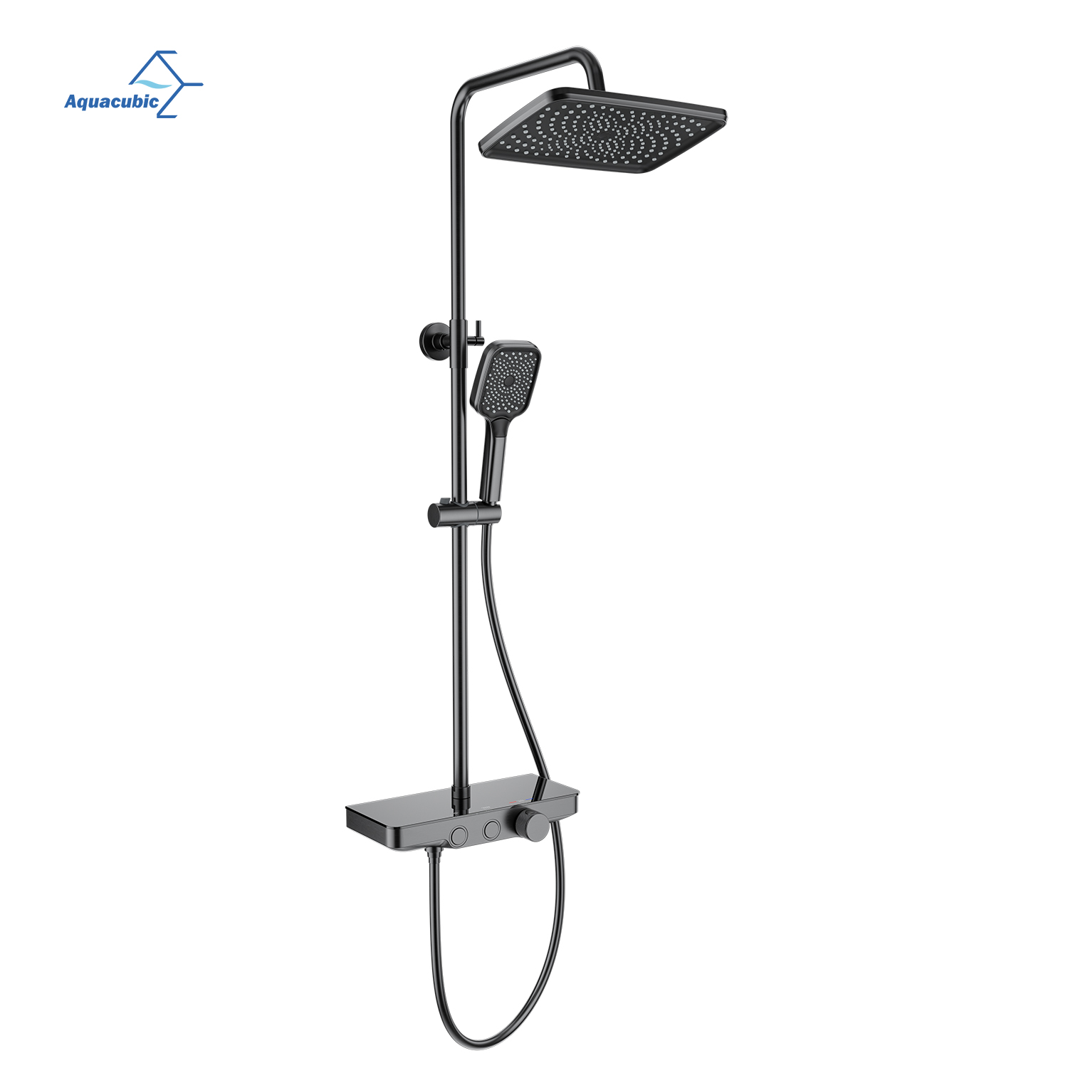 Moderno sistema de ducha de lluvia empotrada en la pared con grifos termostáticos, control de perilla giratoria antideslizante, diseño multifunción