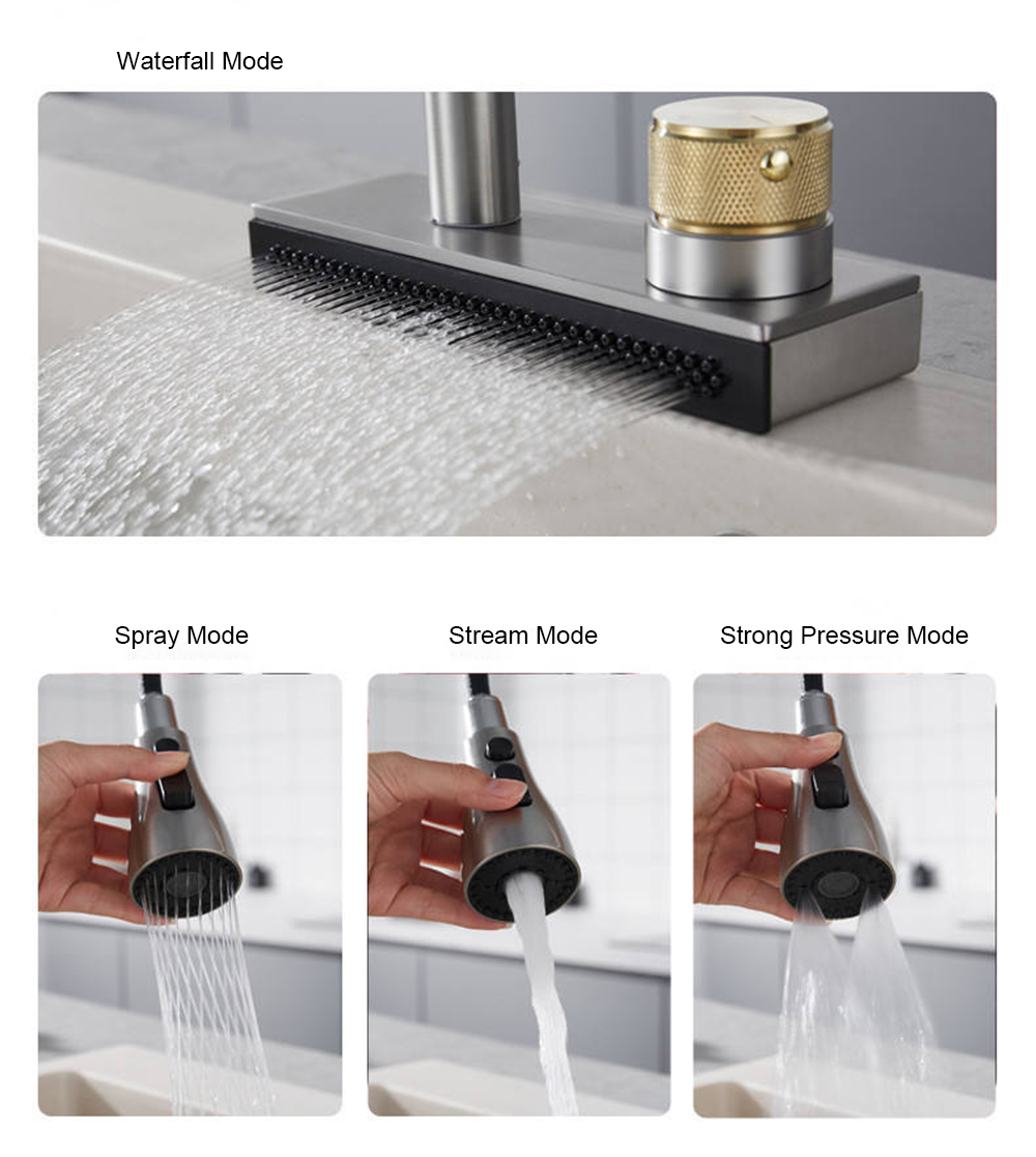 Grifo de cocina de cascada inteligente negro de China con grifos de fregadero con pulverizador desplegable, grifo mezclador de cocina de una sola manija