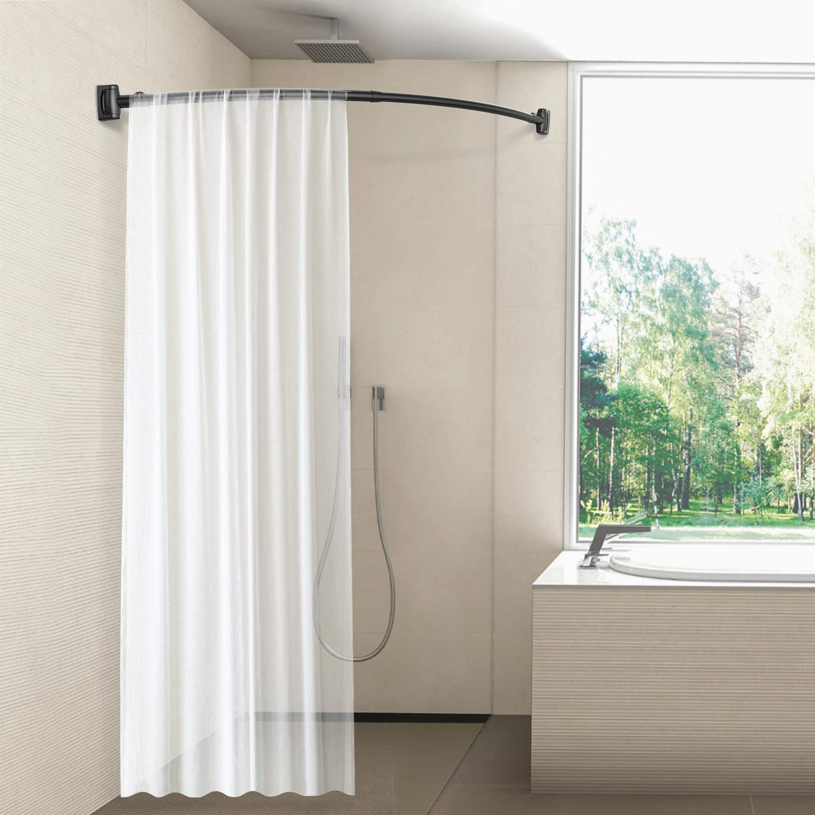Barra de cortina de ducha curva ajustable con diseño telescópico que agrega espacio y se ajusta de 50 a 72 pulgadas