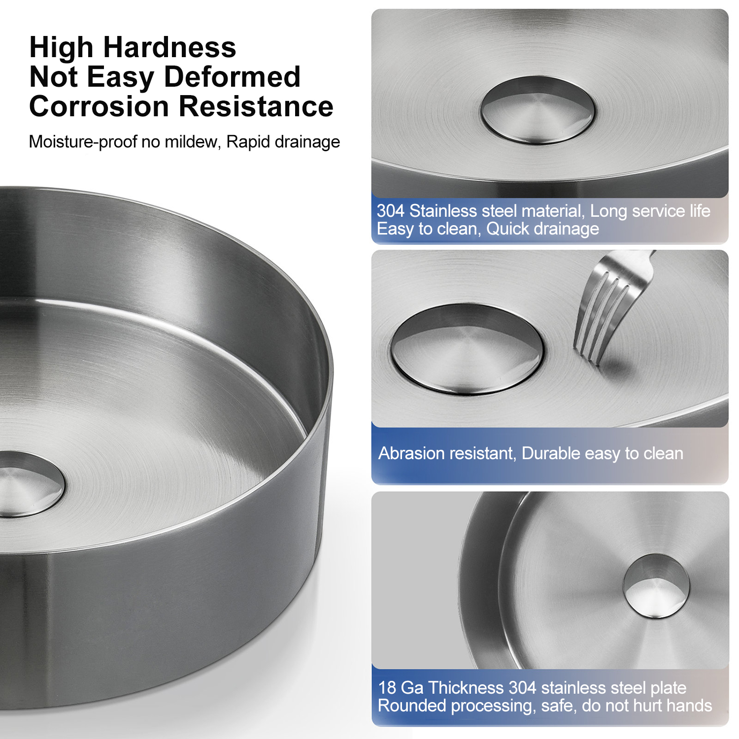 Fregadero de baño moderno de acero inoxidable, lavabo sobre encimera, nanorecubrimiento PVD, fregadero redondo de 15,8 pulgadas con desagüe