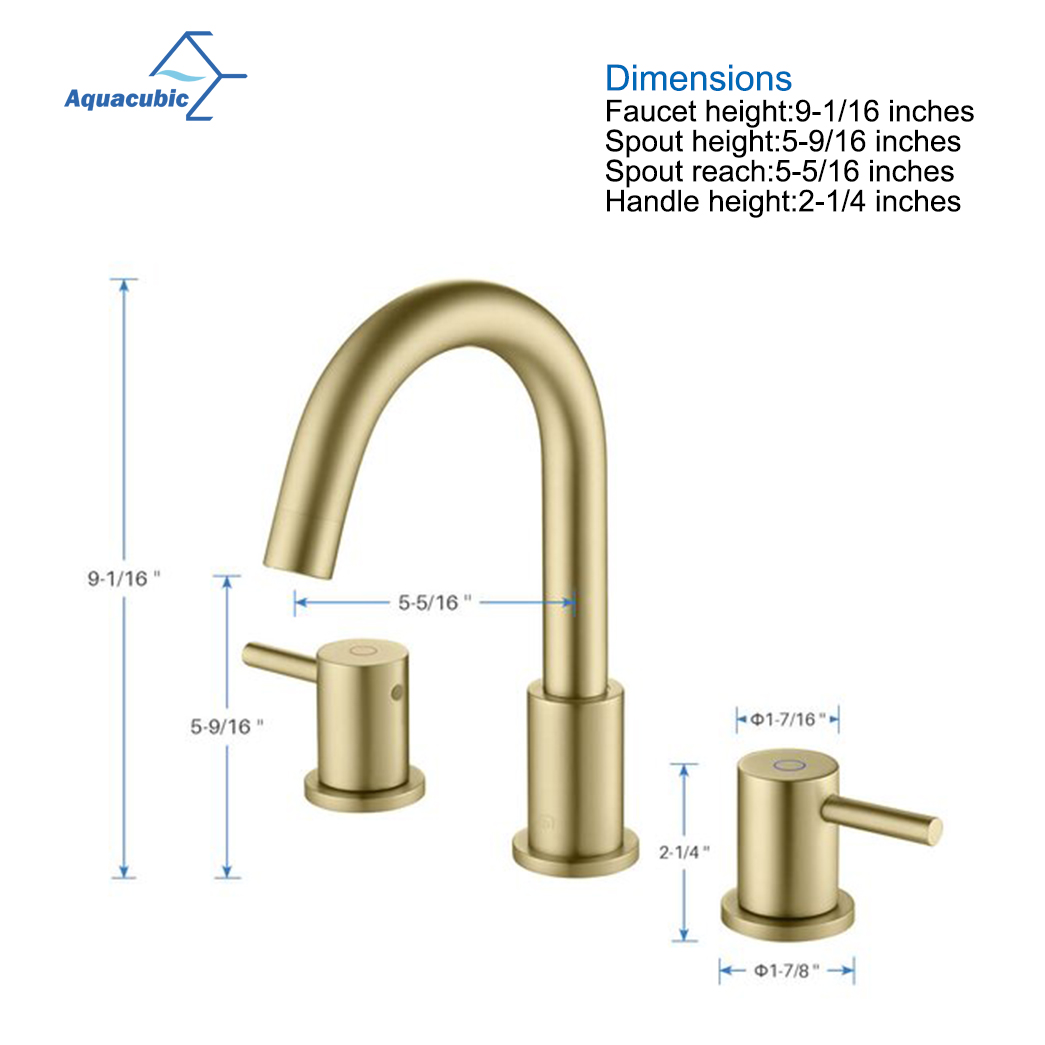 Grifo para lavabo de baño Aquacubic de 8 pulgadas, dorado, 3 orificios, con válvula y mangueras de suministro de agua cUPC