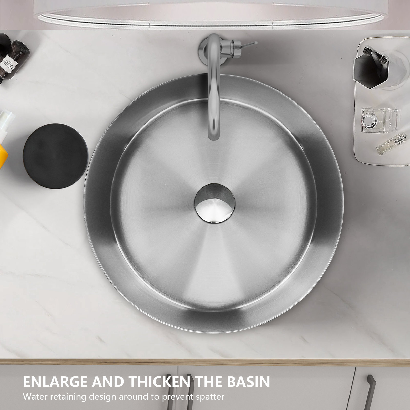 Fregadero de baño moderno de acero inoxidable, lavabo sobre encimera, nanorecubrimiento PVD, fregadero redondo de 15,8 pulgadas con desagüe