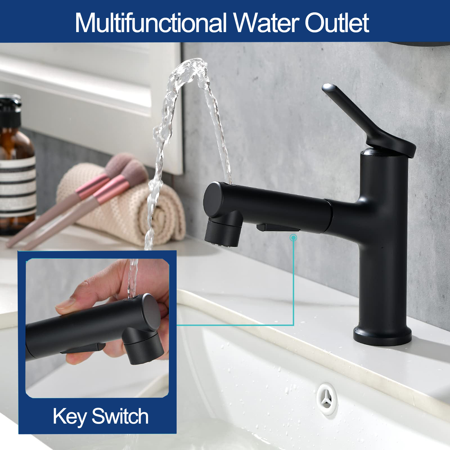 Aplicación Aquacubic Multi Place en negro mate Grifos de lavabo extraíbles con modo rociador