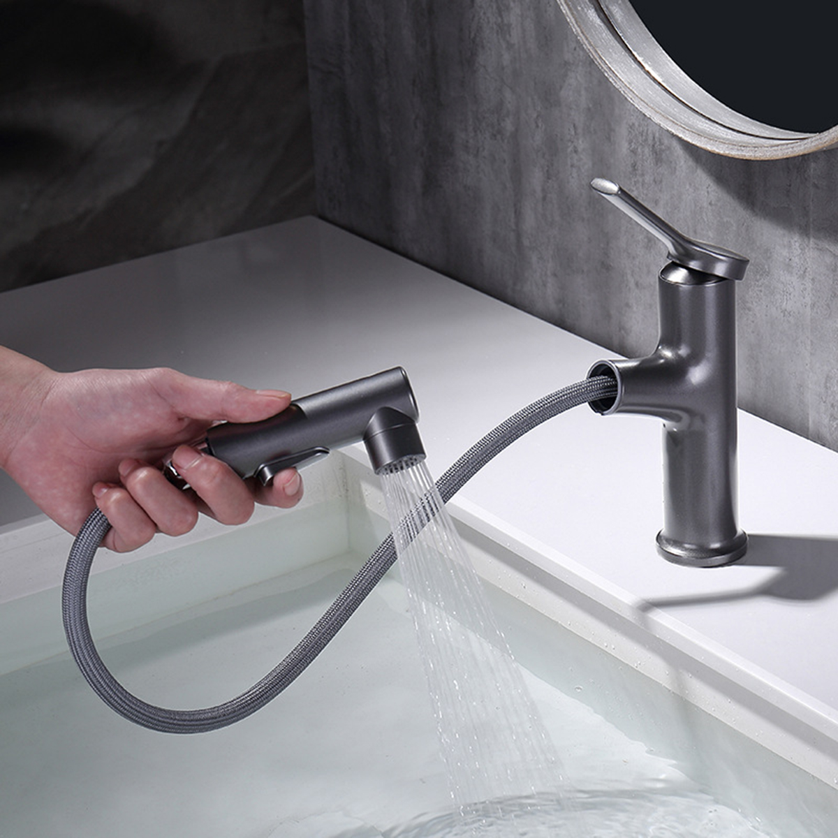 Aquacubic Certified Gunmental grey Single Holes Grifo para lavabo con rociador extraíble montado en cubierta