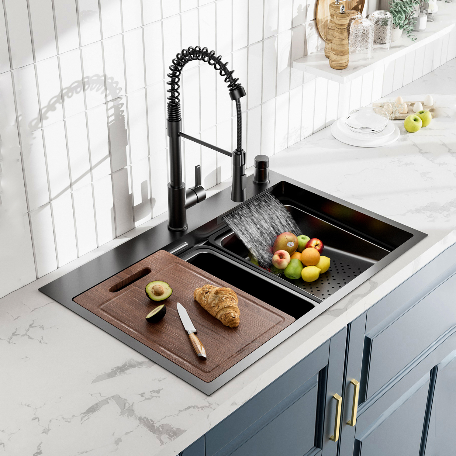 Fregaderos de lujo Gunmetal Black, grifo en cascada, gran oferta, fregadero de cocina multifunción de acero inoxidable 304 con accesorios para grifos