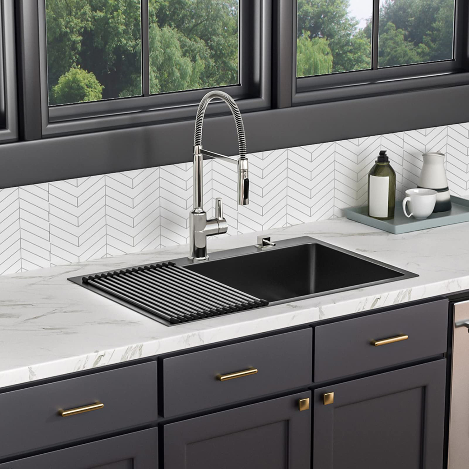 Fregadero de cocina de montaje superior de lavabo hecho a mano de acero inoxidable 304 rectangular de granito profundo moderno de 36 '× 22 '